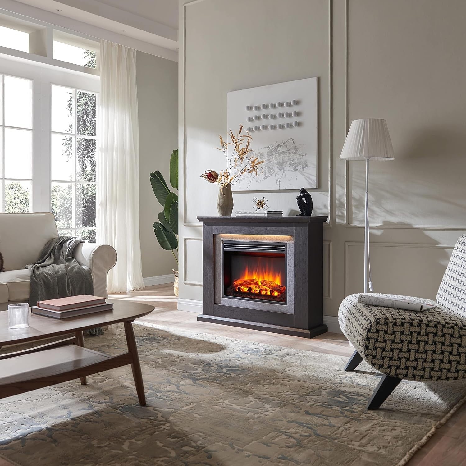 39” Oak Electric Fireplace Freestanding LED Flame Heater 2kW Remote