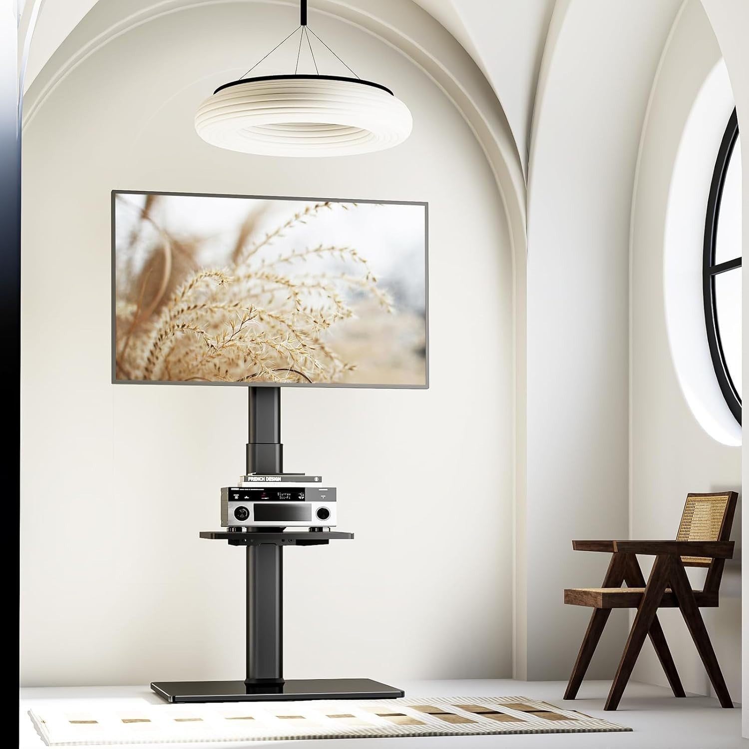 Height Adjustable Floor TV Stand 27–65" with Shelf & 70° Swivel Mount - Black