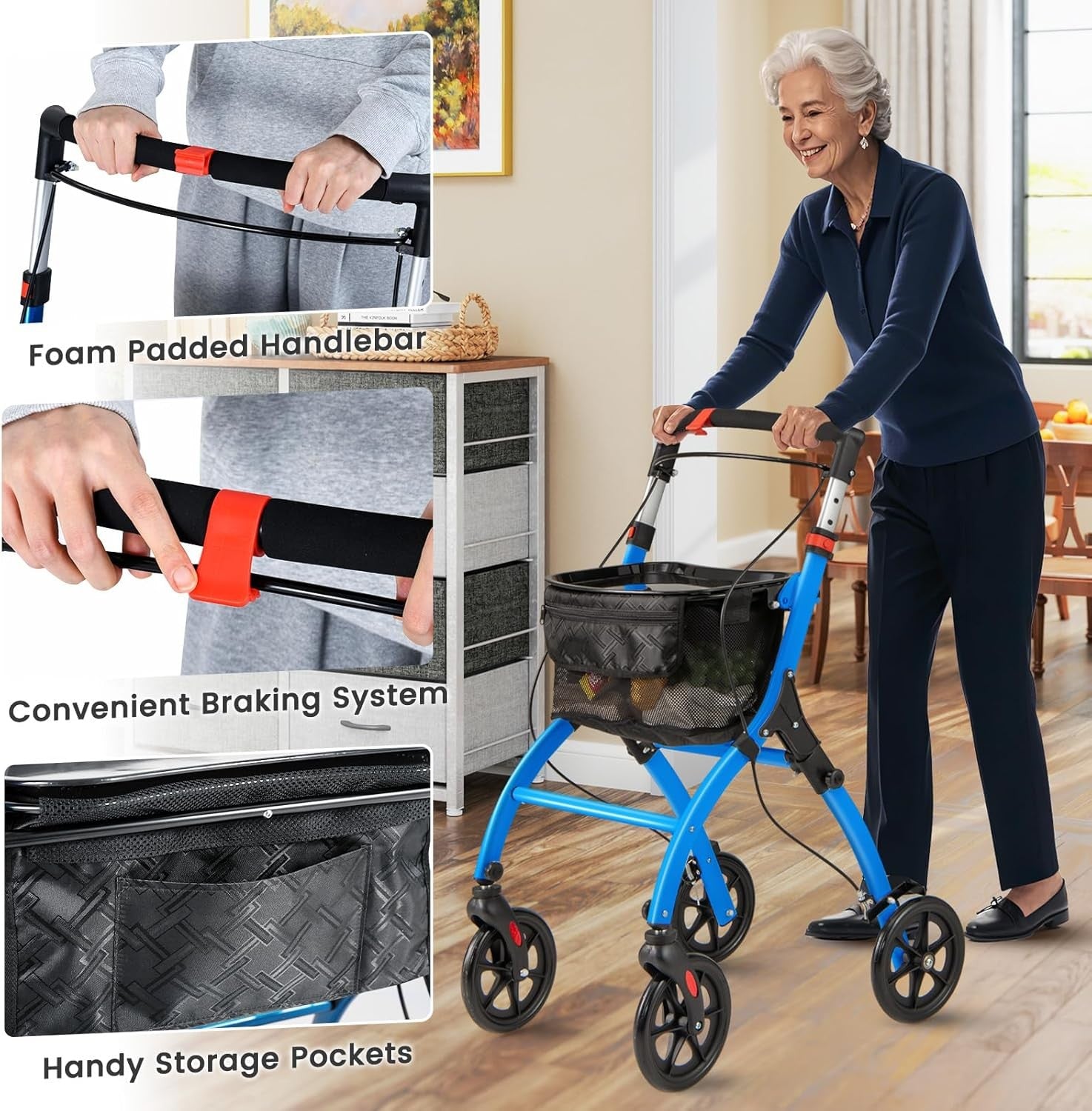 Lightweight Folding Rollator Walker 4 Wheel Basket Brakes Narrow Blue