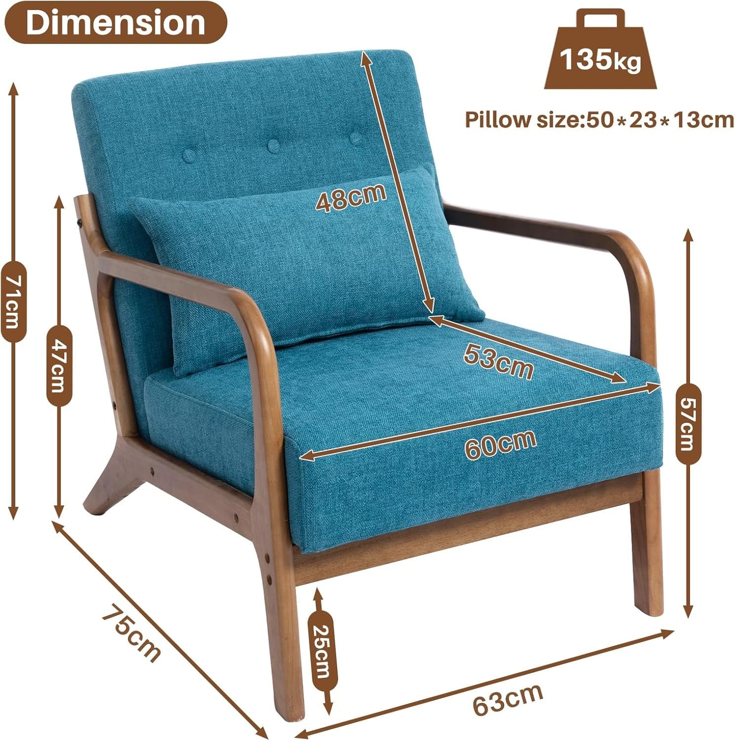 Teal Accent Armchair Wooden Frame Lounge Reading Chair Linen Seat