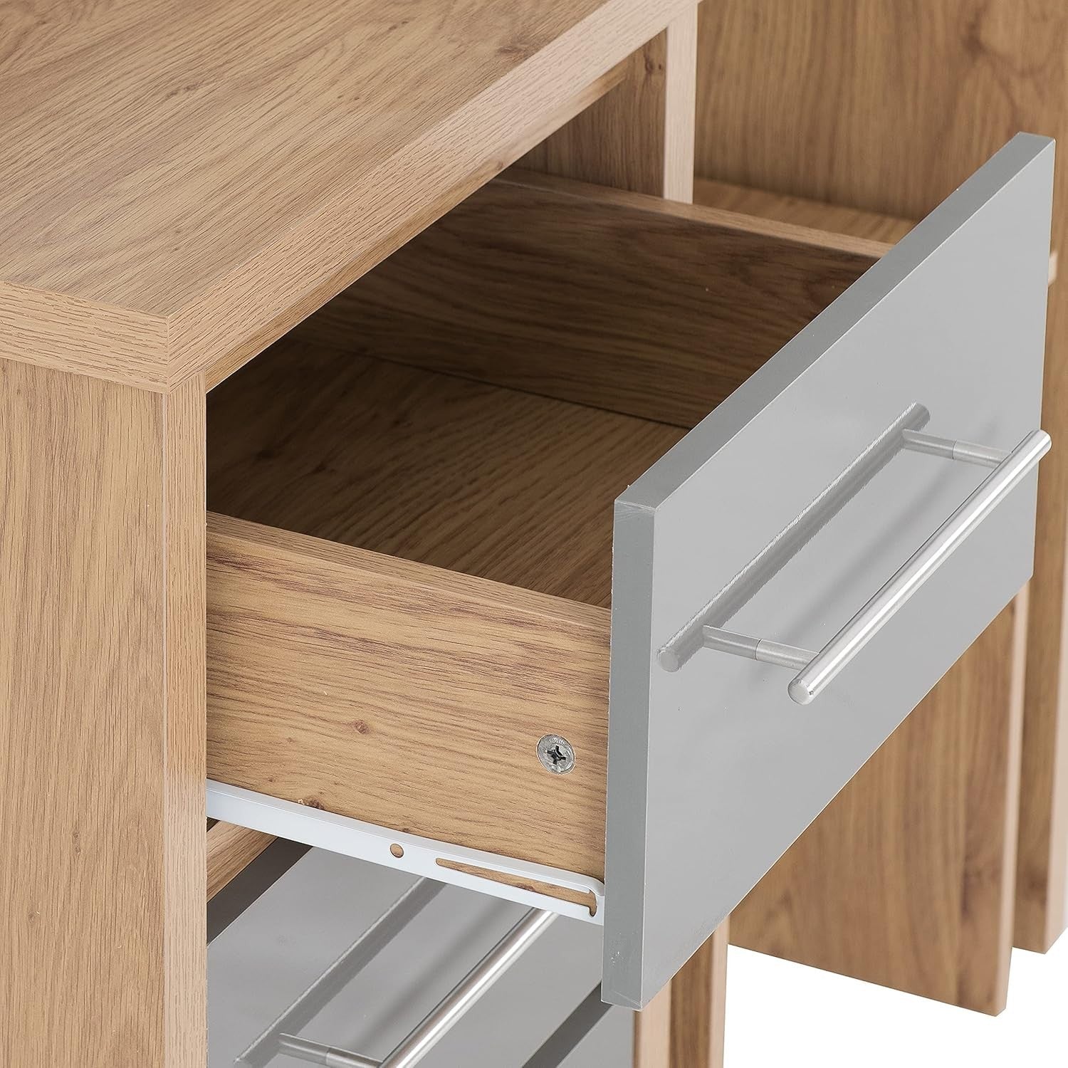 Grey High Gloss Dressing Table Set 3 Drawer Mirror Stool Light Oak Effect Veneer