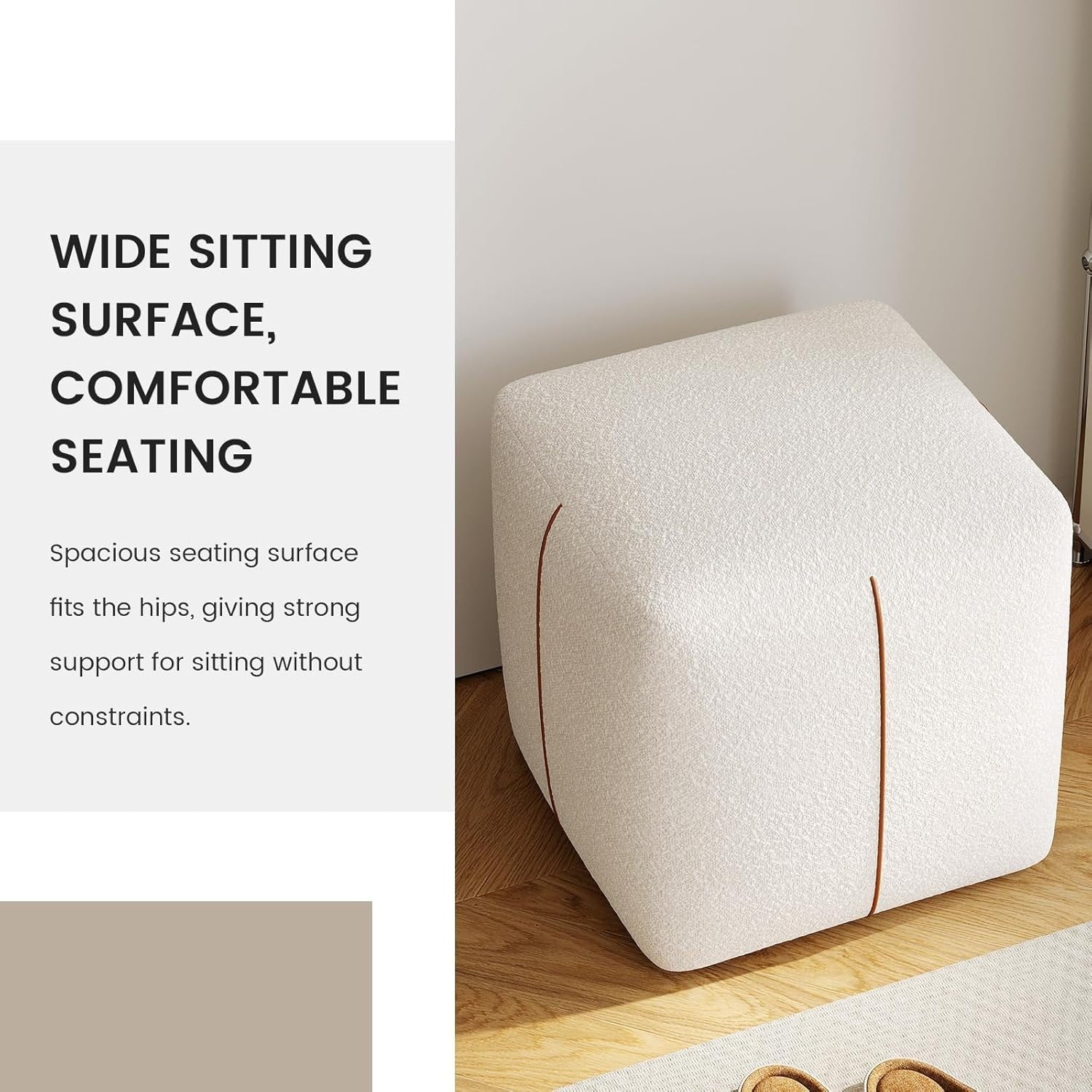 Beige Square Vanity Stool – Soft Fabric Ottoman Seat for Bedroom & Living Room