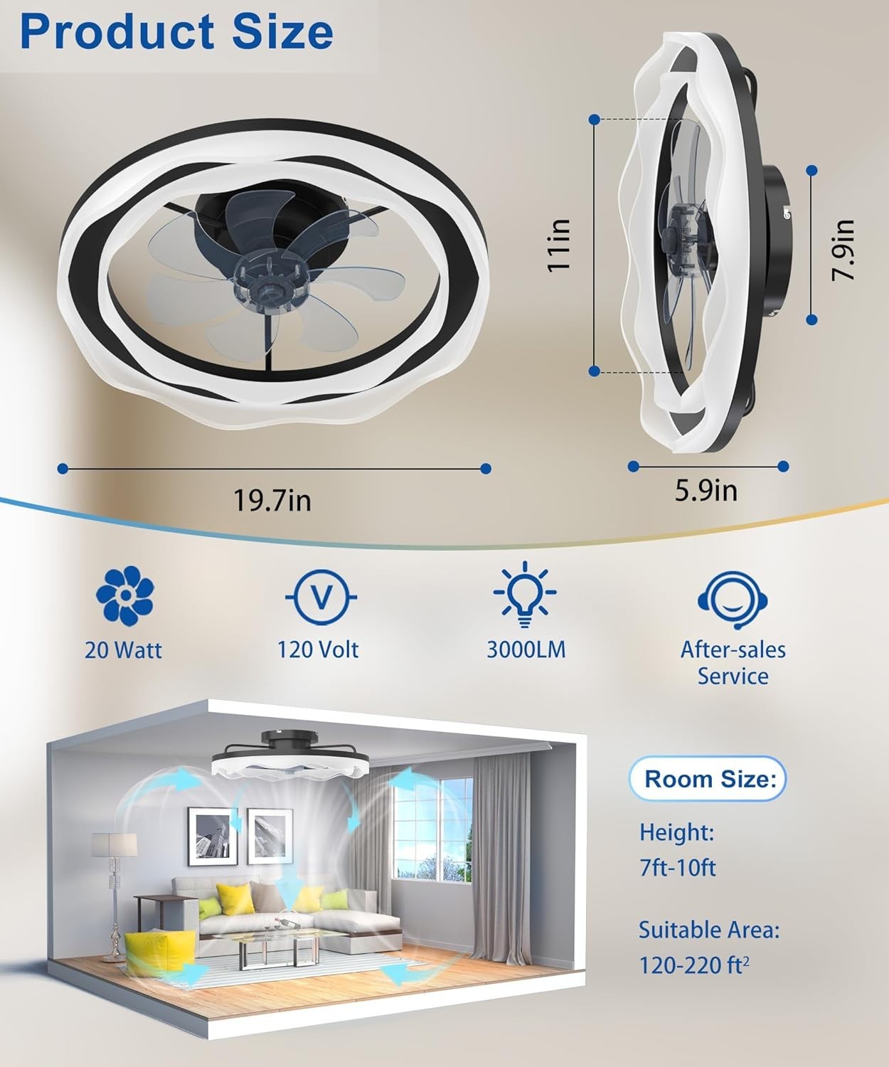 20" Ceiling Fan Light, 6 Speeds, Dimmable, Reversible, App & Remote, Black