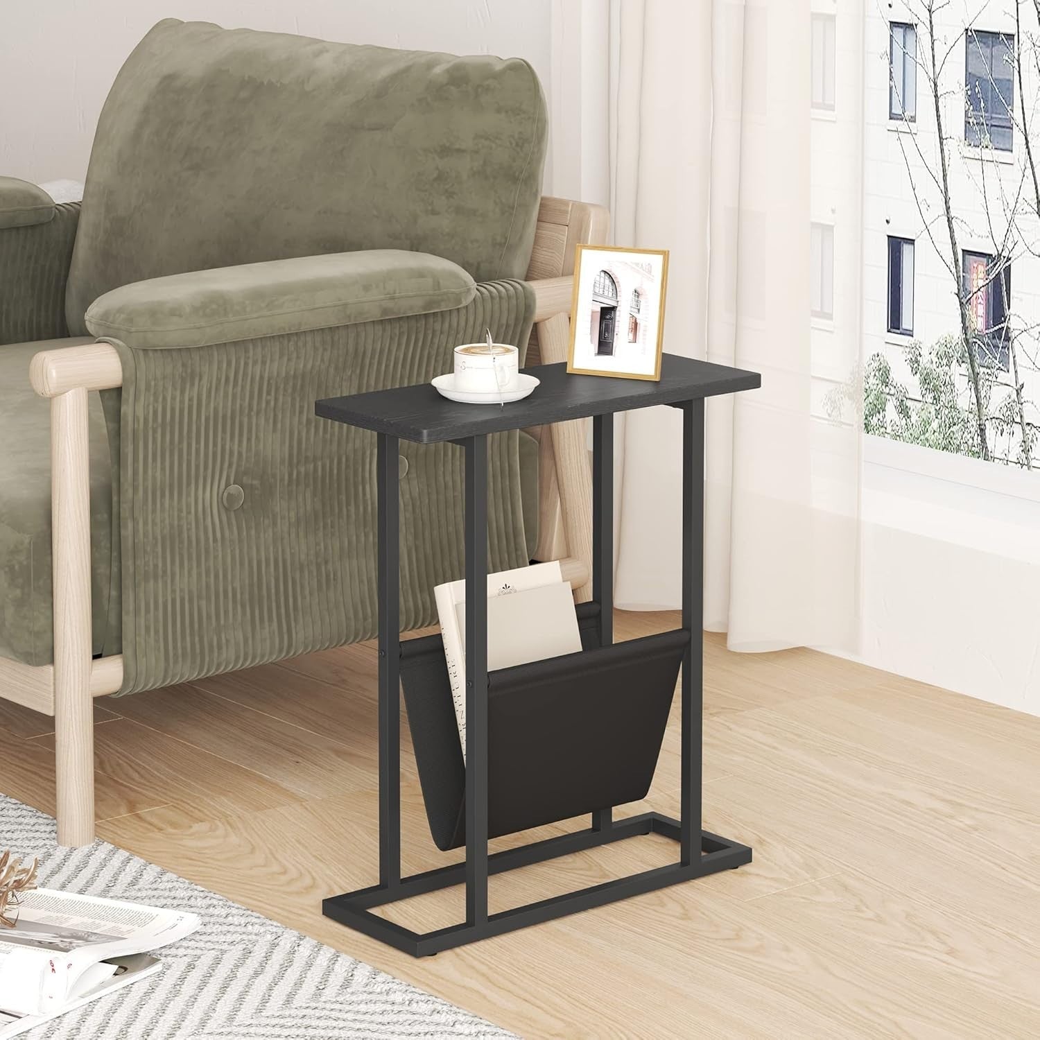 Narrow Black Side Table with Storage Bag Slim Sofa Bedside Small Space 18x45x54