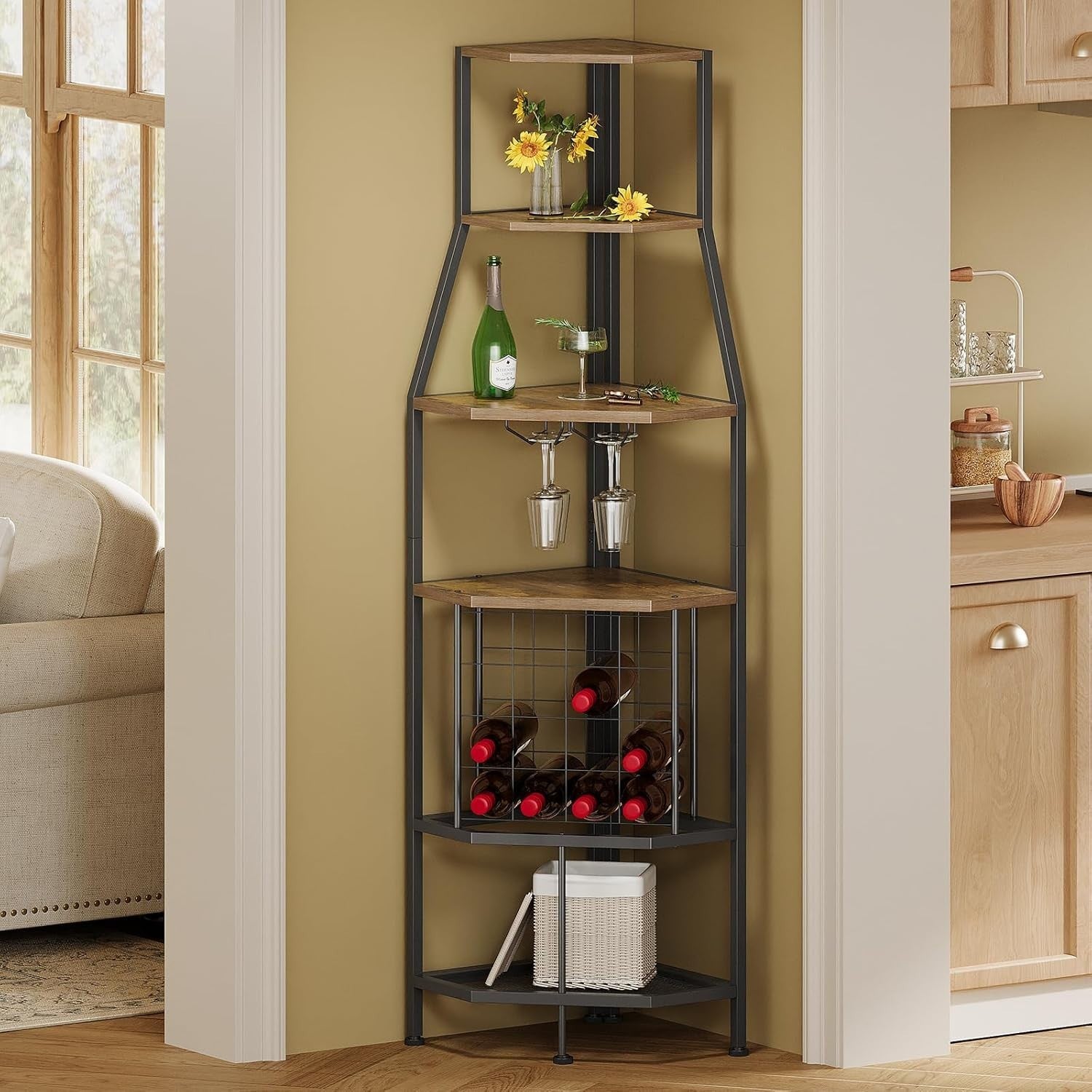 5-Tier Corner Wine Rack Bottle Storage Cabinet with Glass Holder Rustic Brown