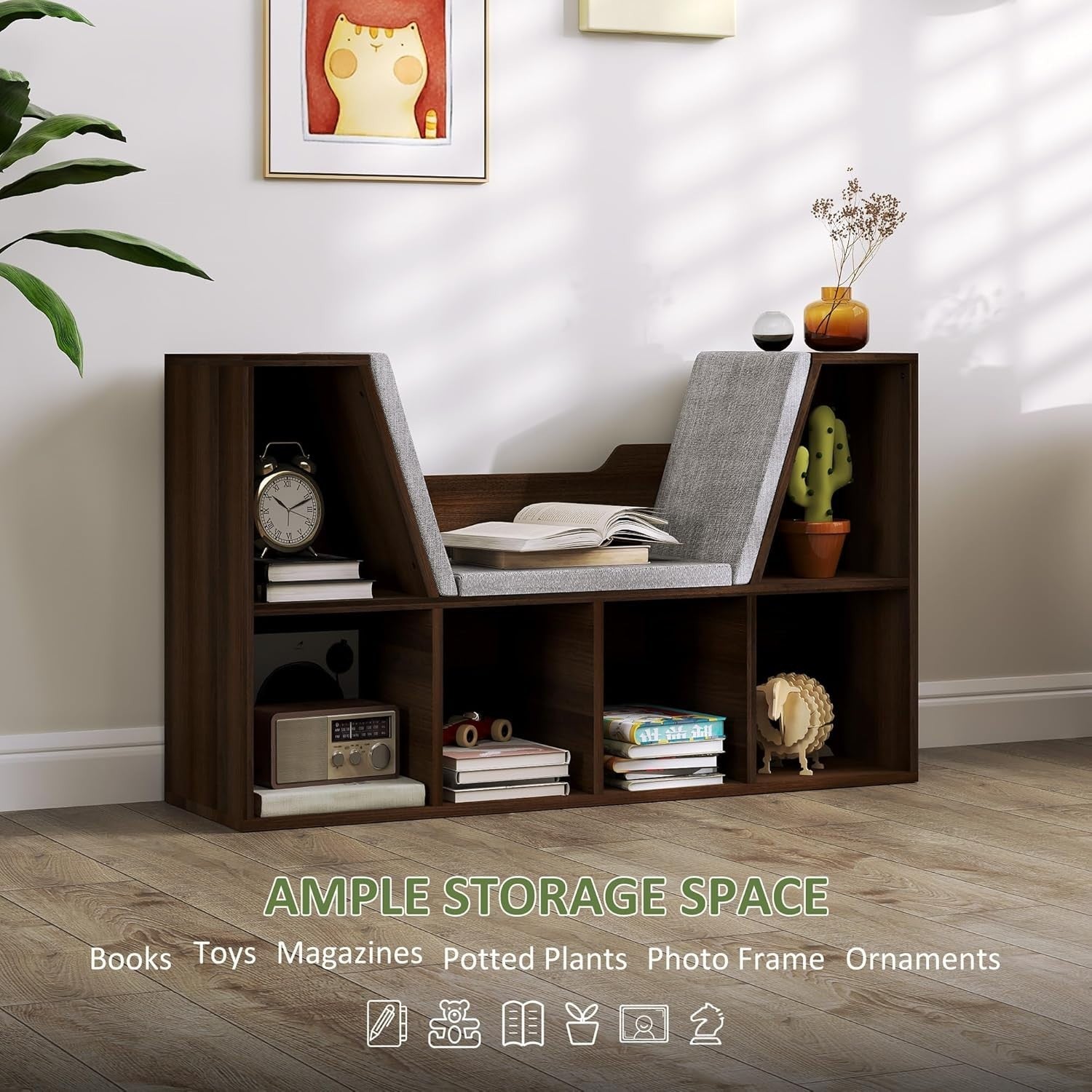 Bookcase with Cushioned Reading Seat 6 Cube Storage Bench Chestnut