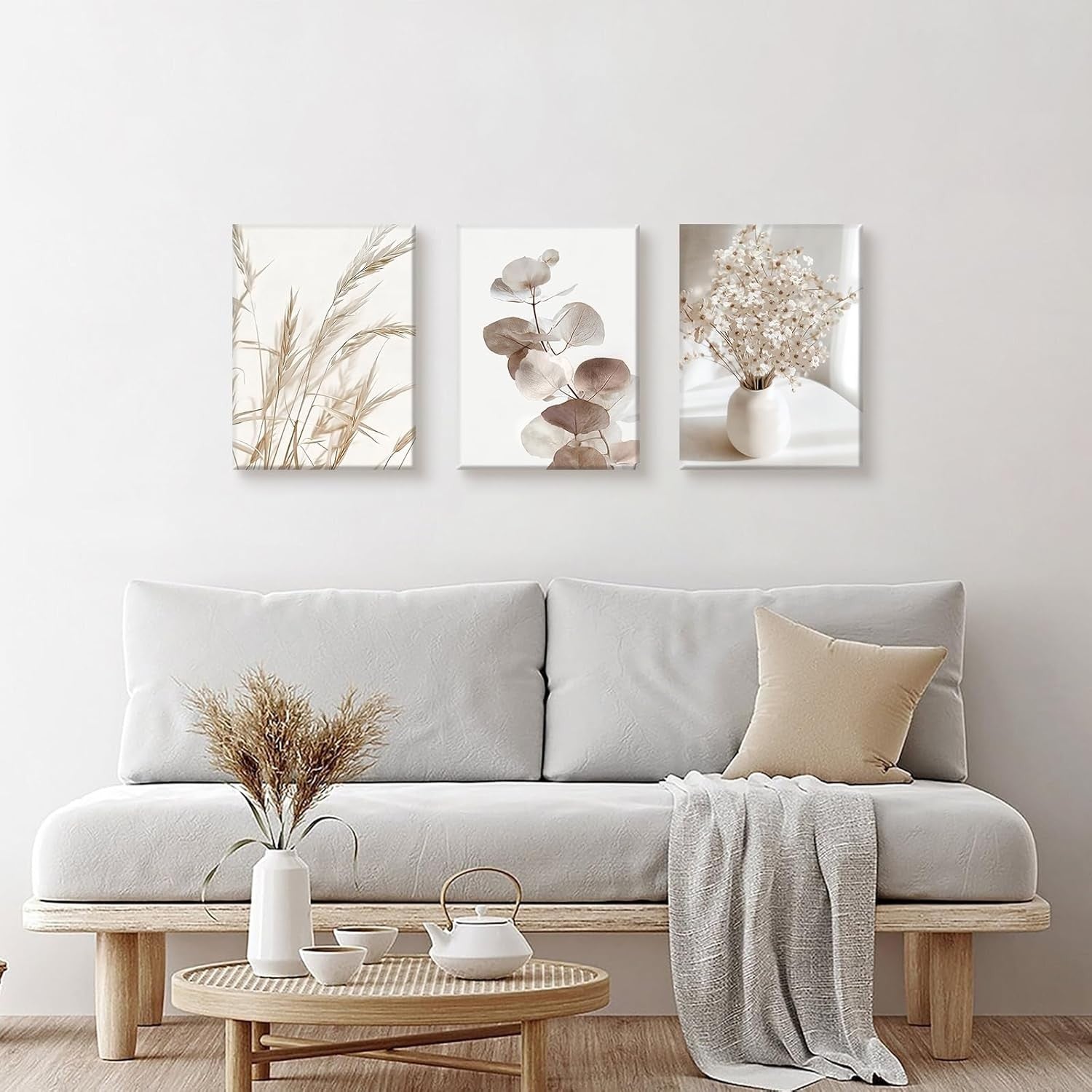 Boho Floral Canvas Wall Art Set 3 Framed 30x40cm