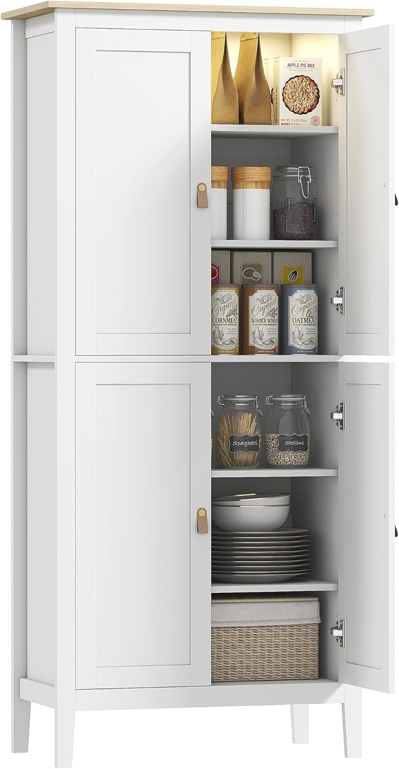 Tall White Kitchen Cupboard Cabinet LED Light 177cm Storage Unit Shelves