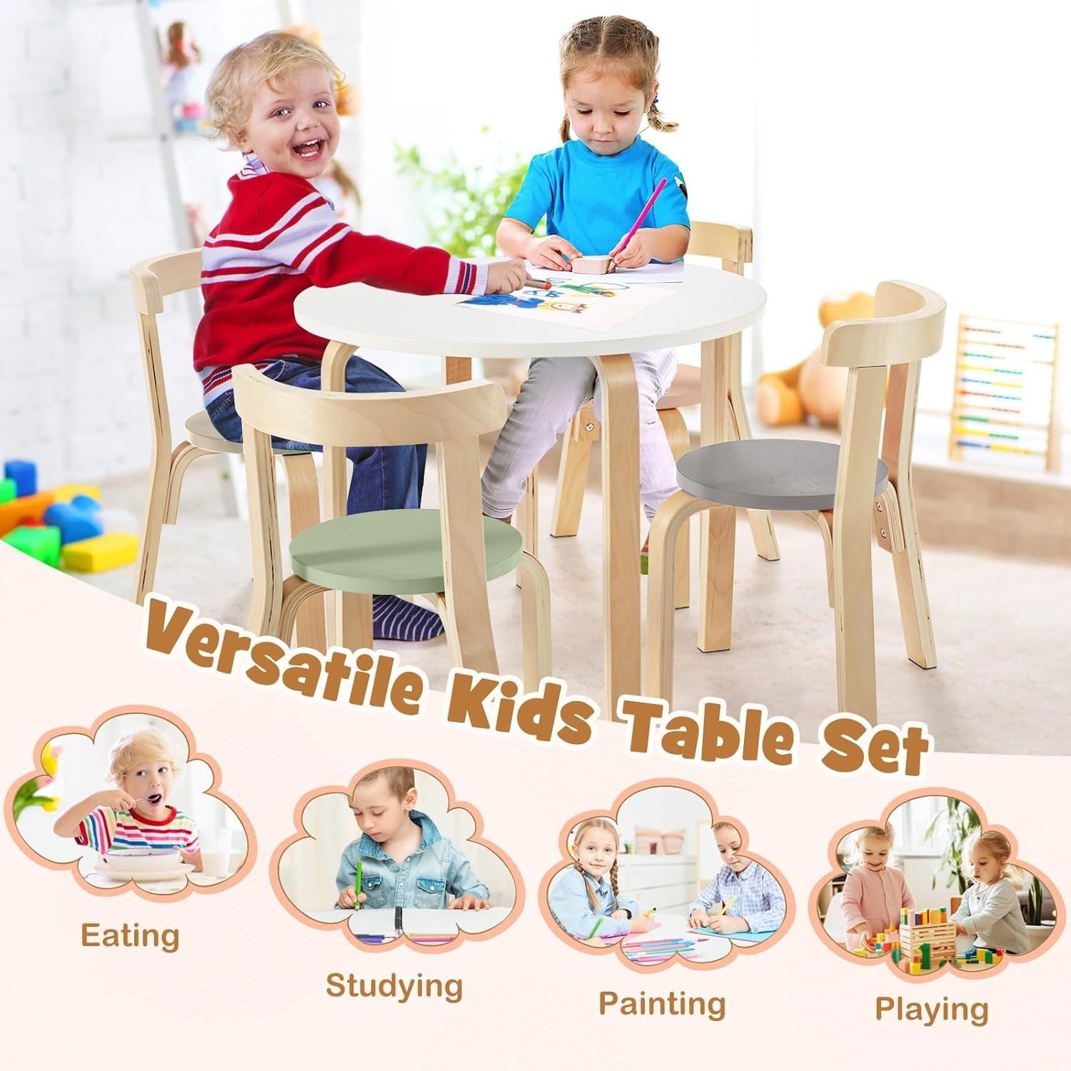 Kids Wooden Round Table & 4 Chairs Set Multicolor Ergonomic Playroom Desk
