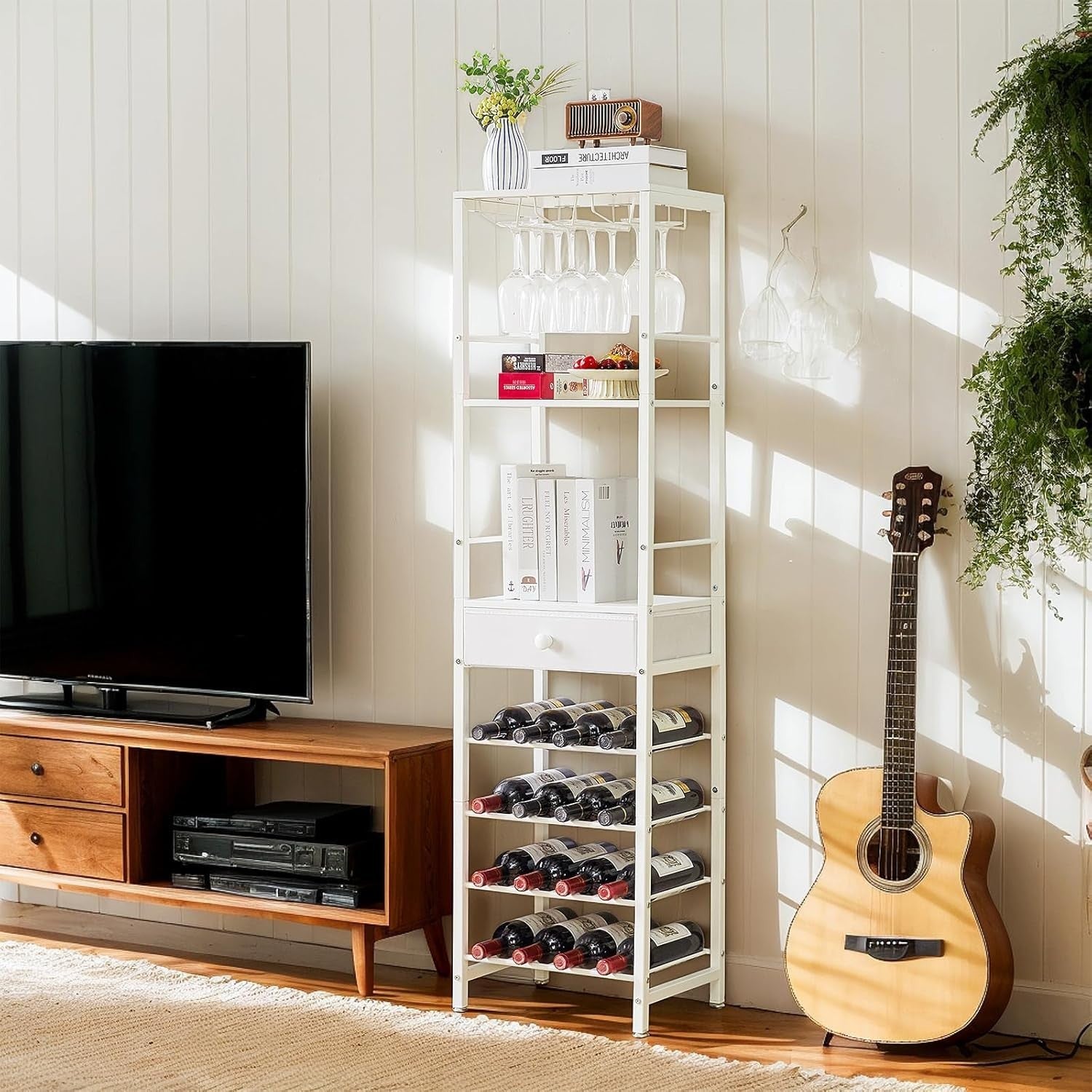 Freestanding Wine Rack Bar Cabinet White 4 Tier with Drawer & Glass Holder
