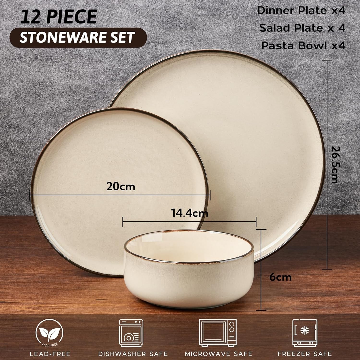 12pc Stoneware Dinner Set for 4 Cream Plates Bowls Microwave Safe