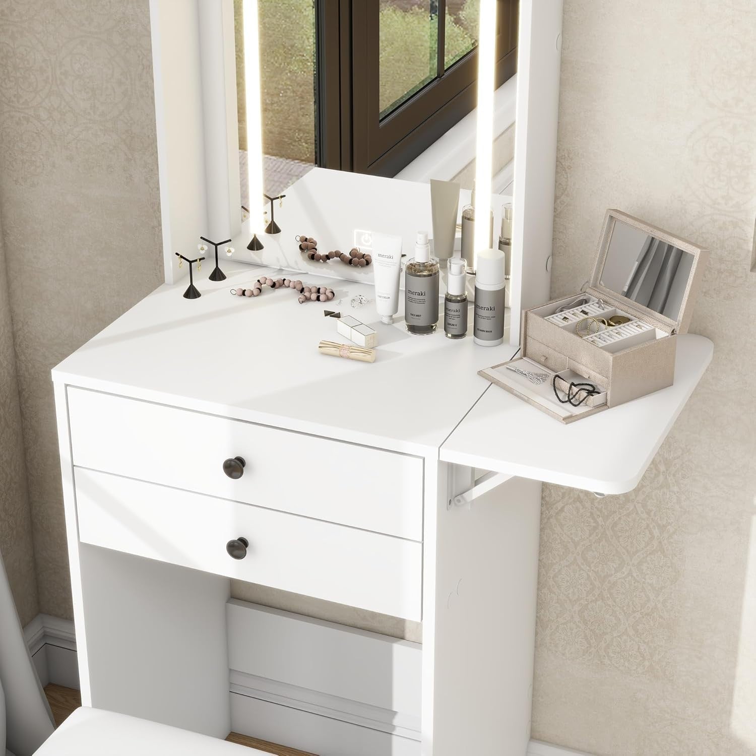 LED Vanity Dressing Table Mirror Desk Stool Set Compact Small Space Storage Whit