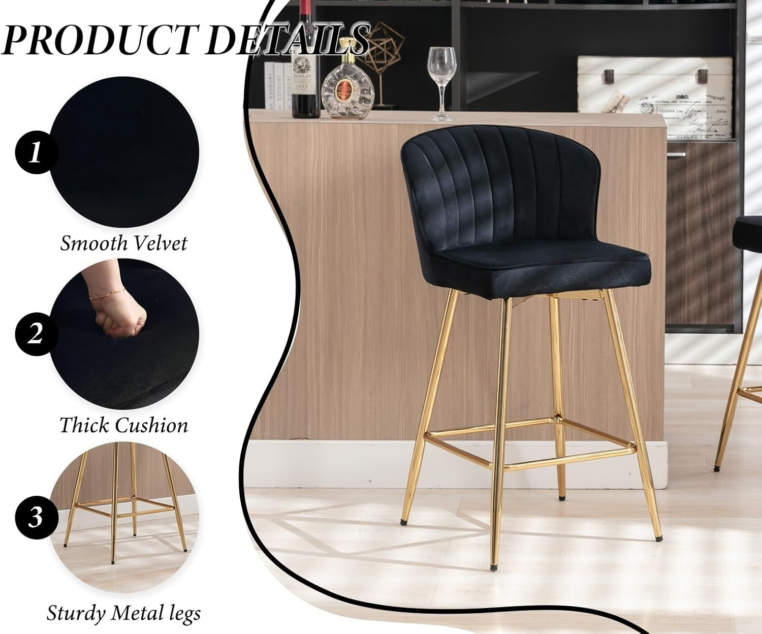 Set of 2 Black Velvet Bar Stools with Gold Metal Legs – Adjustable Counter Chair