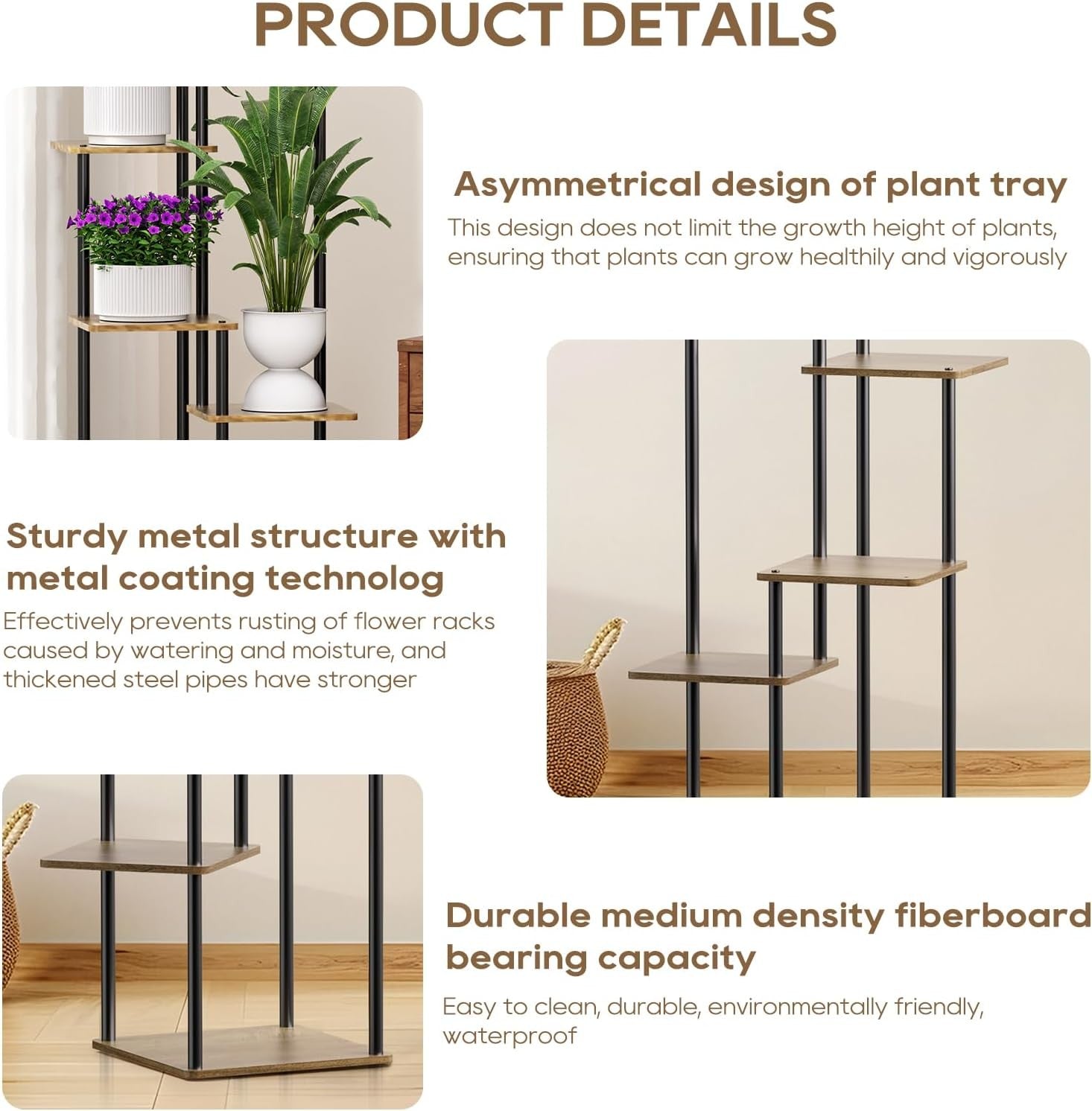 5 Tier Metal Plant Stand Indoor Corner Flower Shelf Wood Display Rack for Living