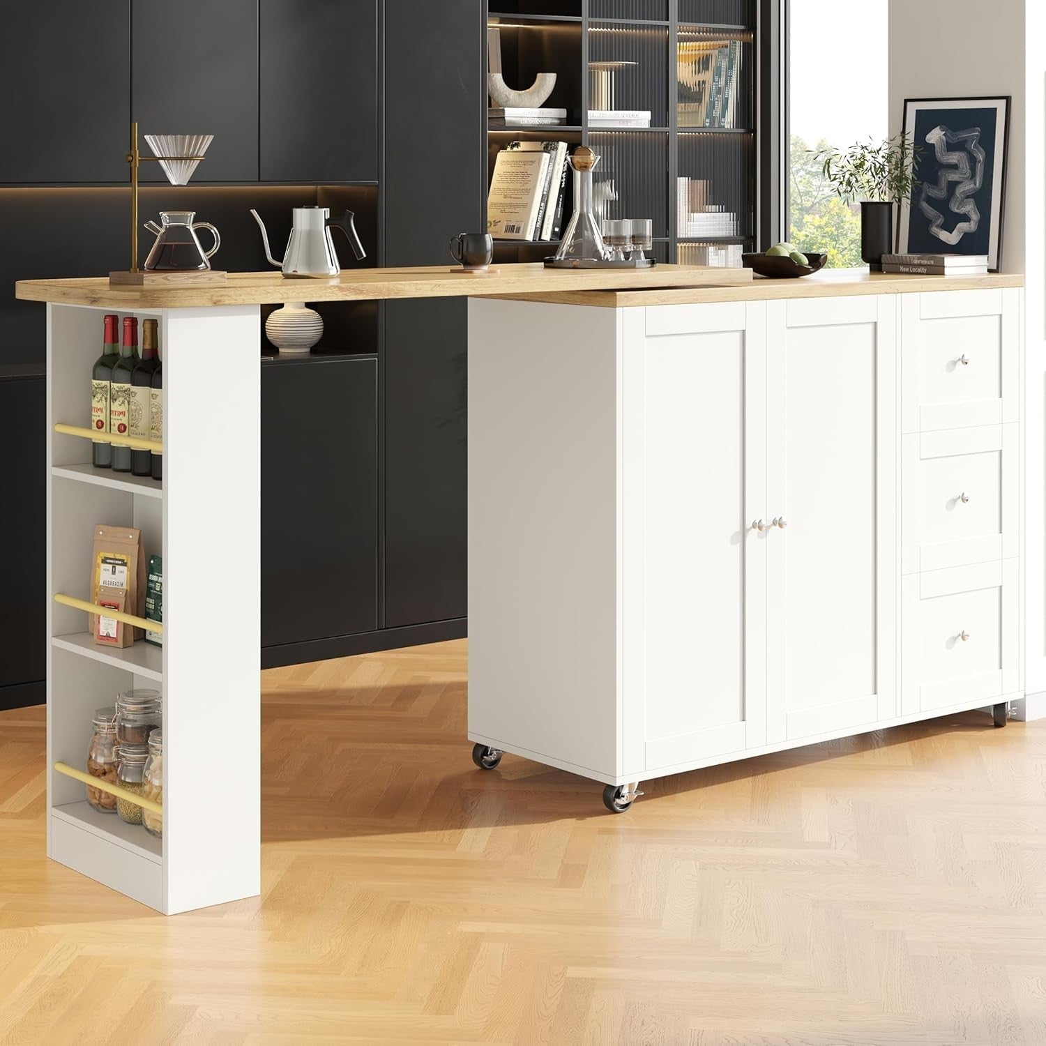 360° Swiveling Extendable Kitchen Island Table with Drawers & Snack Rack