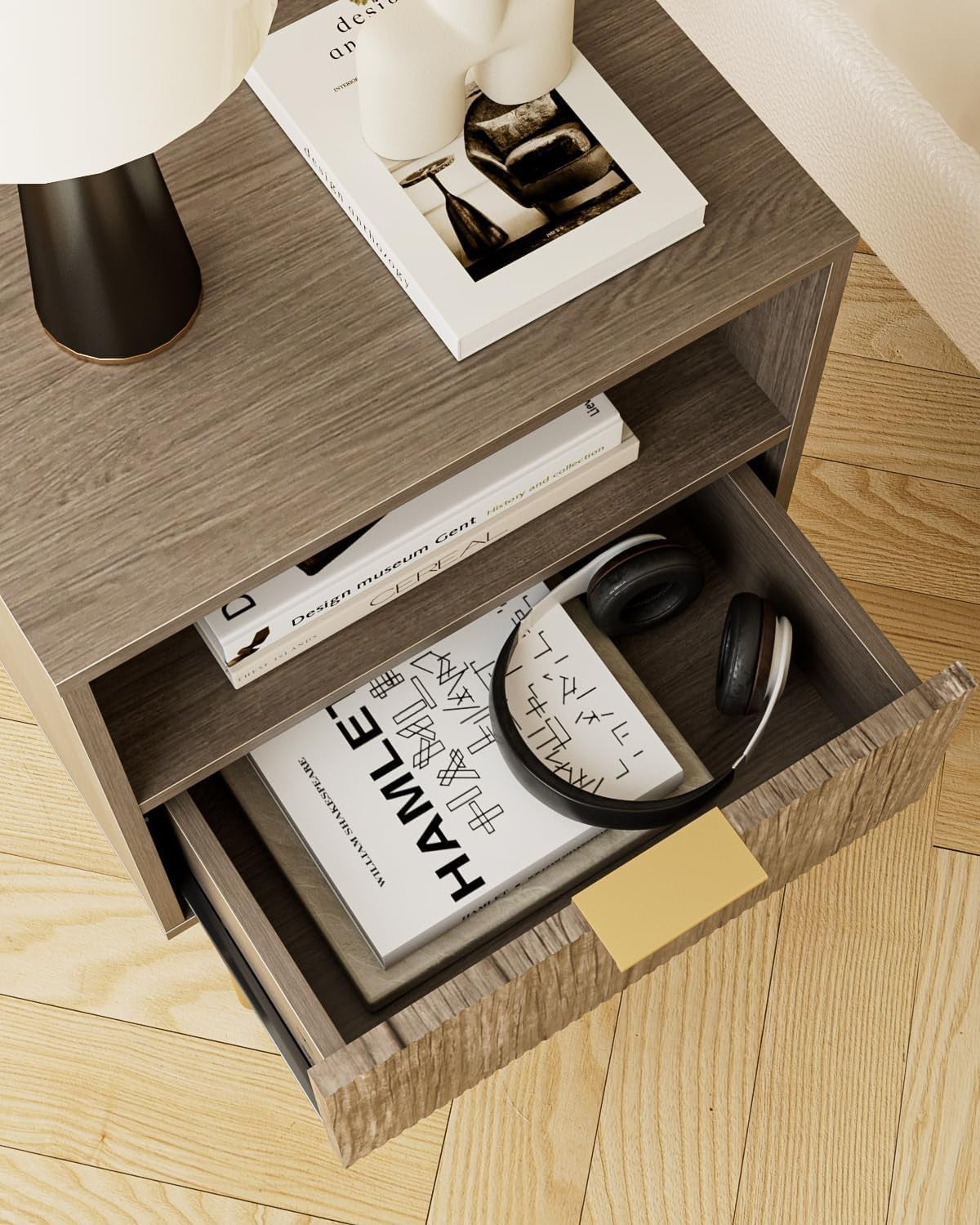 Modern Grey Bedside Table with Drawer & Open Shelf | Wooden Nightstand