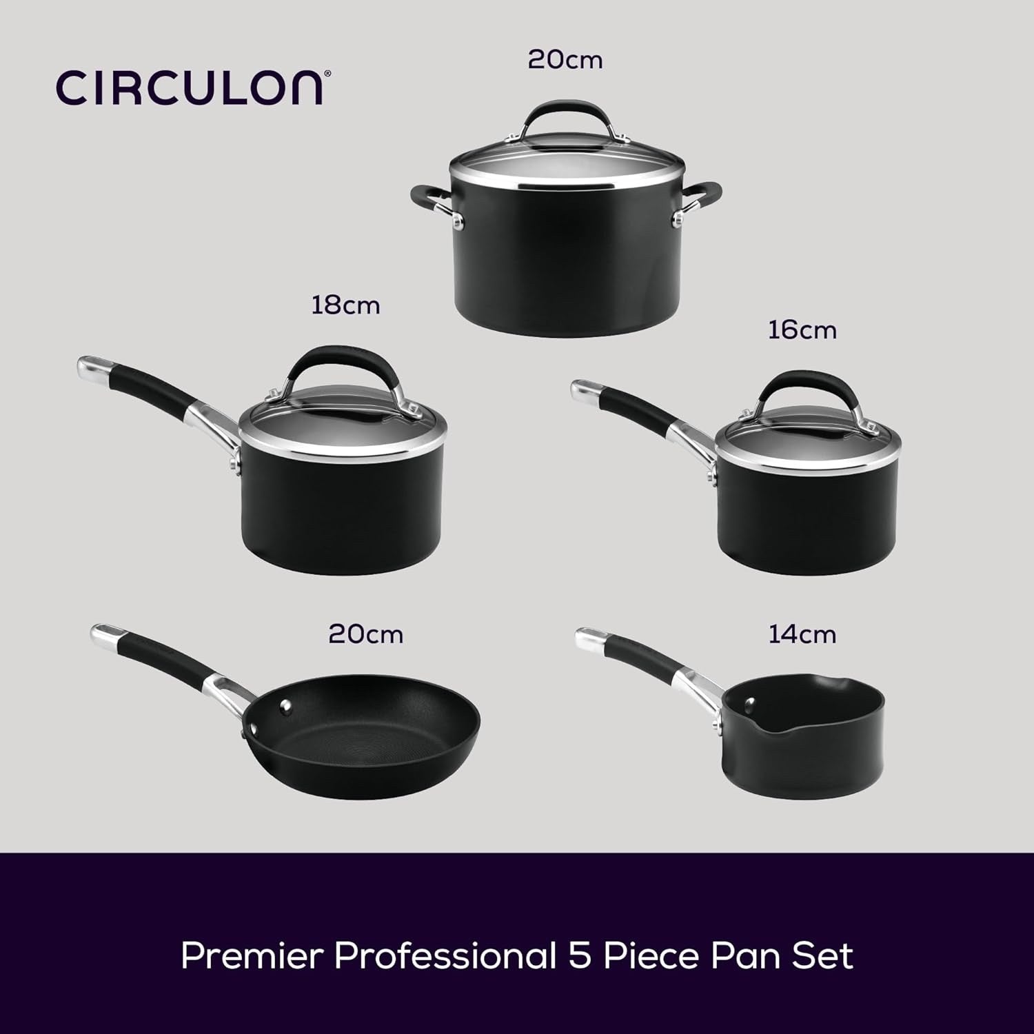 5pcs Black Induction Non Stick Cookware Set – Soft Grip Handles Glass Lids