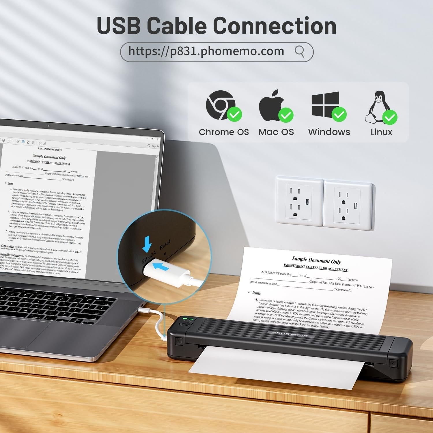 Portable A4 Thermal Printer 300DPI Wireless USB Invoice Travel