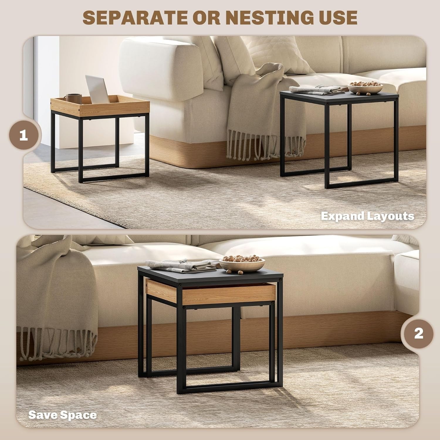 Square Nesting Coffee Side Tables Set, Black & Wood Effect, Steel Frame 30kg Max