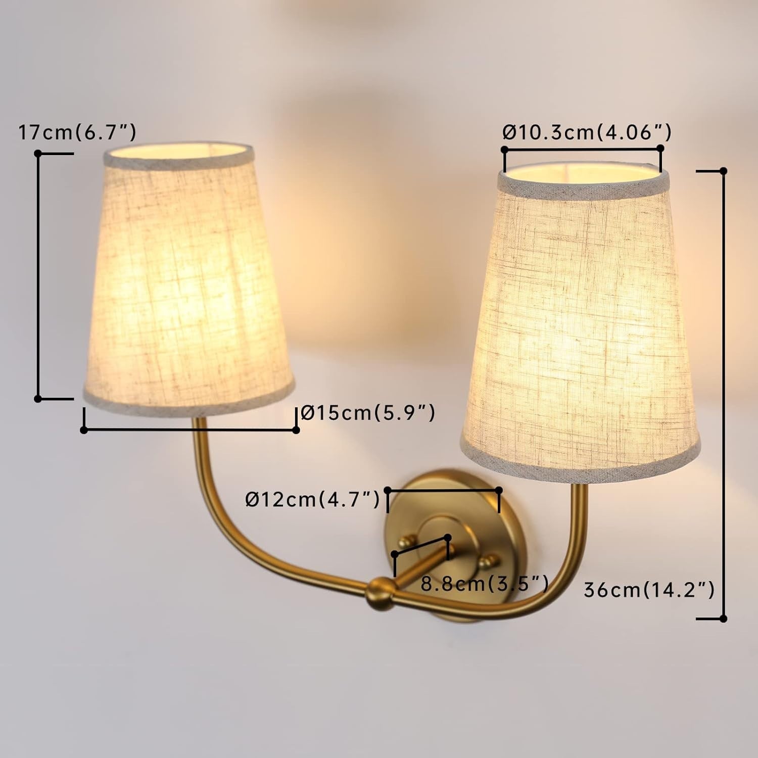 Antique 2-Light Wall Sconce Linen Fabric Shades Bedroom & Bathroom Lamp