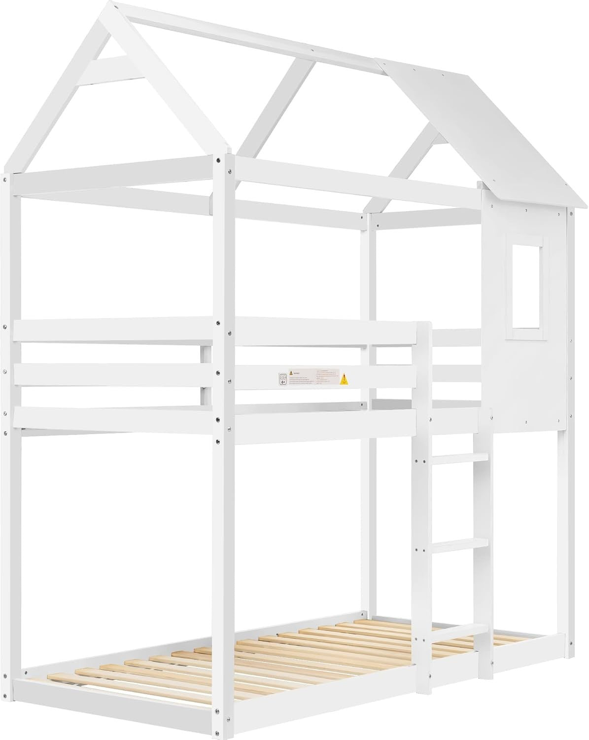 White Kids Bunk Bed w/ Ladder, Roof, Window & Guardrails 90x190cm