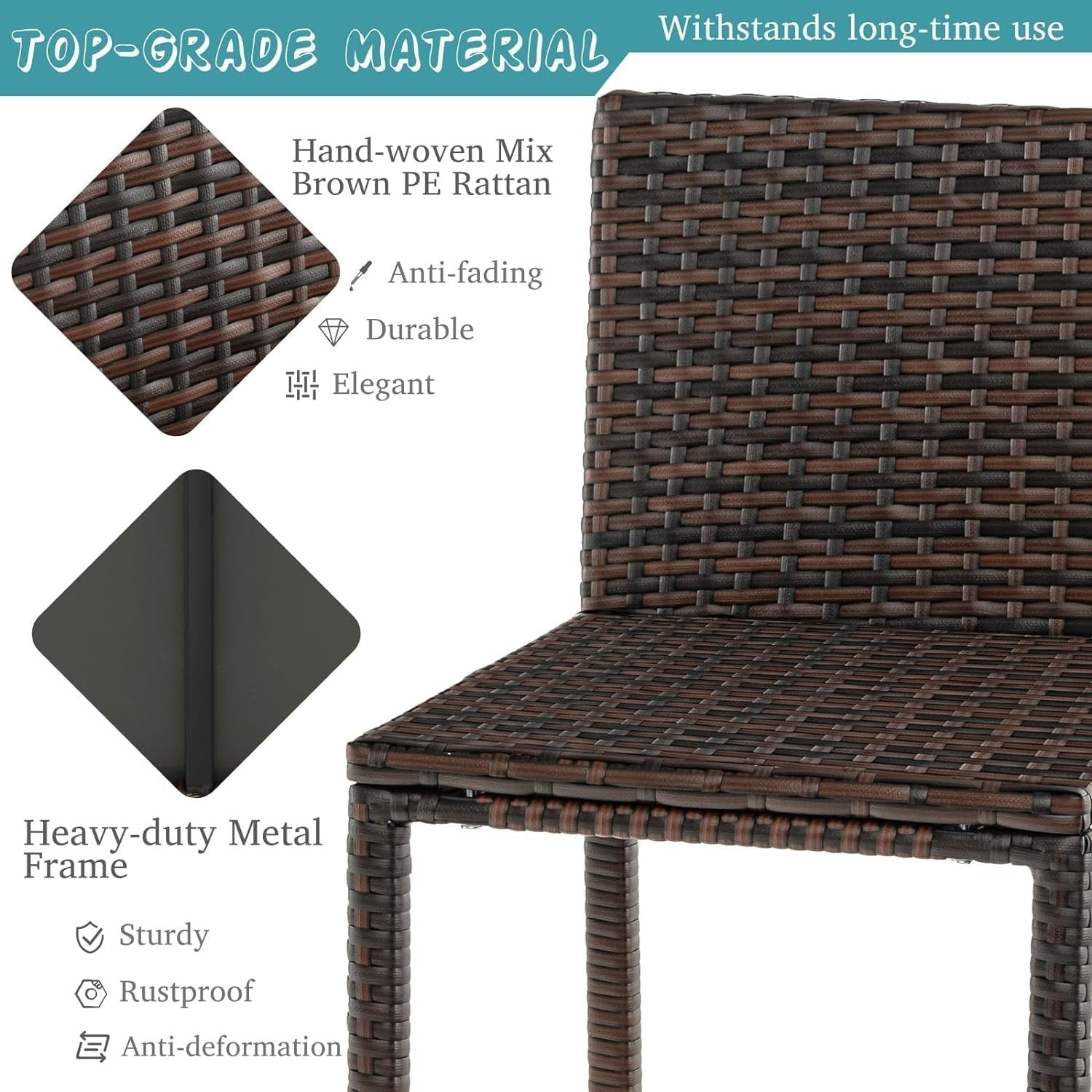 Rattan Bar Table Set with 2 Stools Glass Top Storage Shelves Patio Bistro