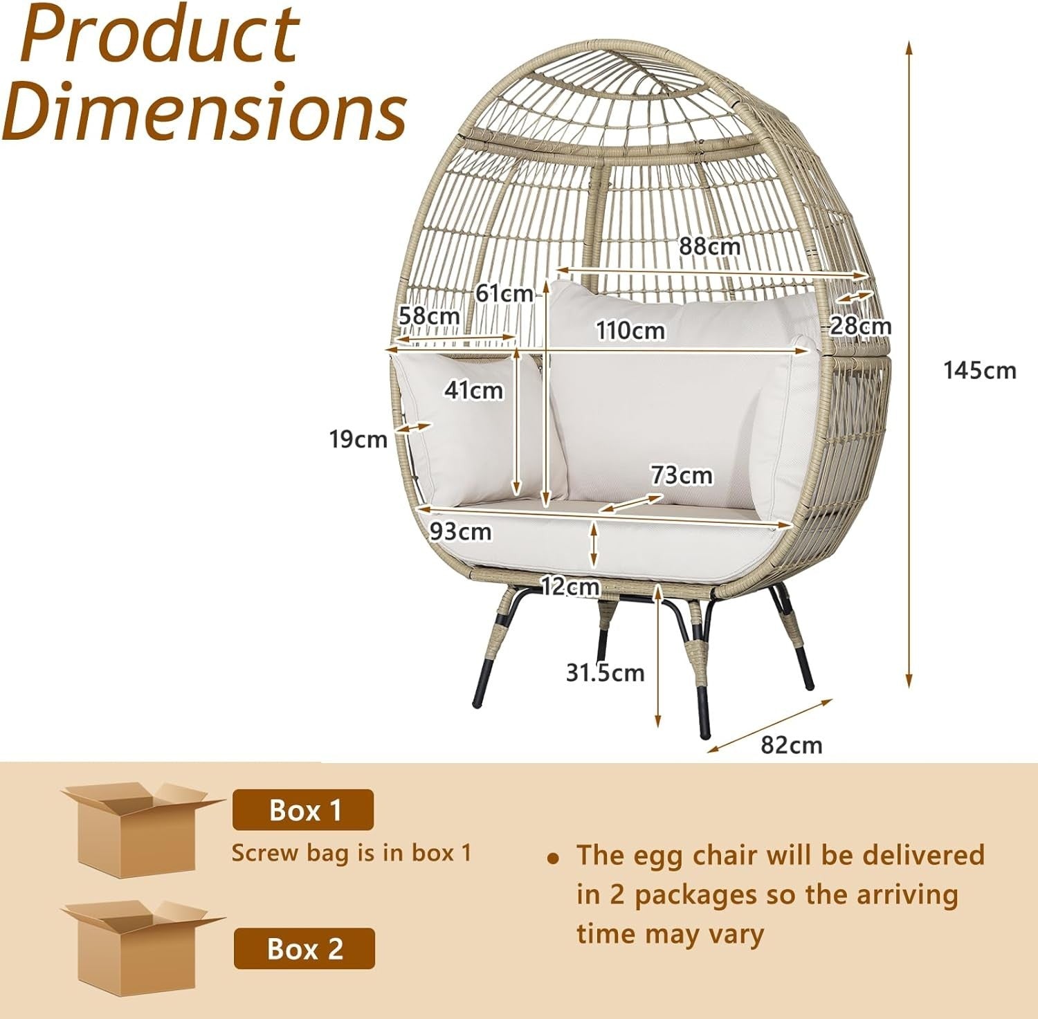 Two Seater Rattan Egg Chair Oversized Cushioned Freestanding Wicker Lounger