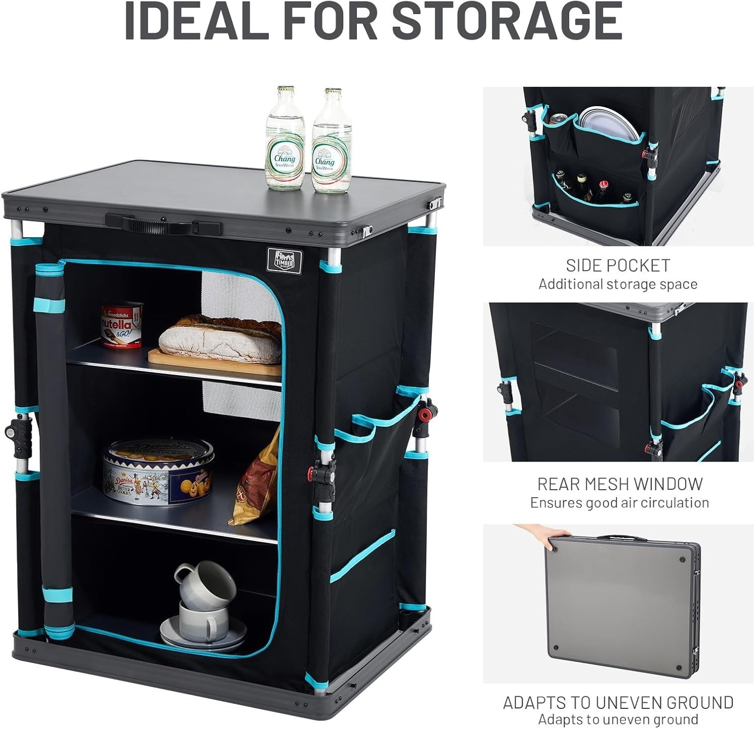 Folding Camping Kitchen Cupboard 3-Shelf Unit Storage Table 30kg