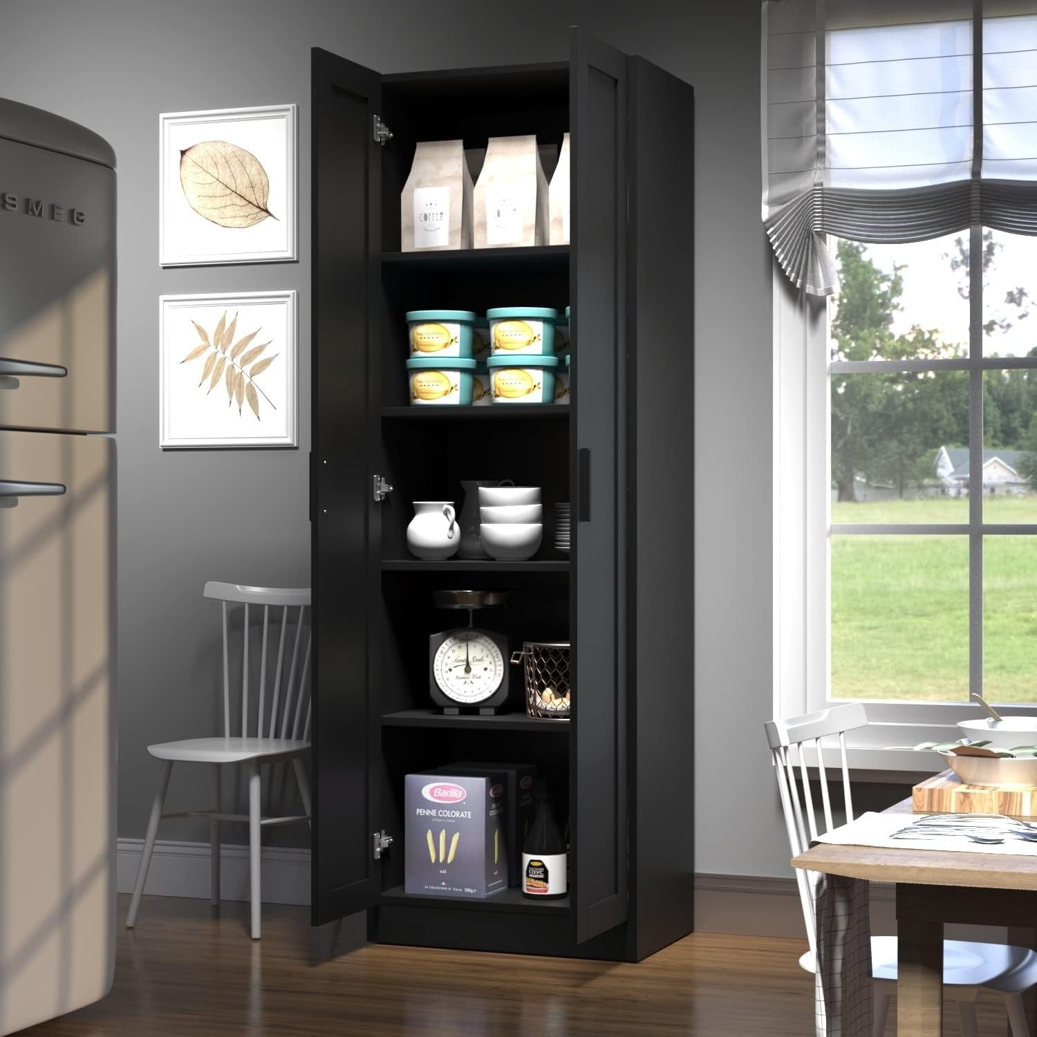 Tall Black Storage Cupboard 2 Door Wooden Cabinet with Adjustable Shelves