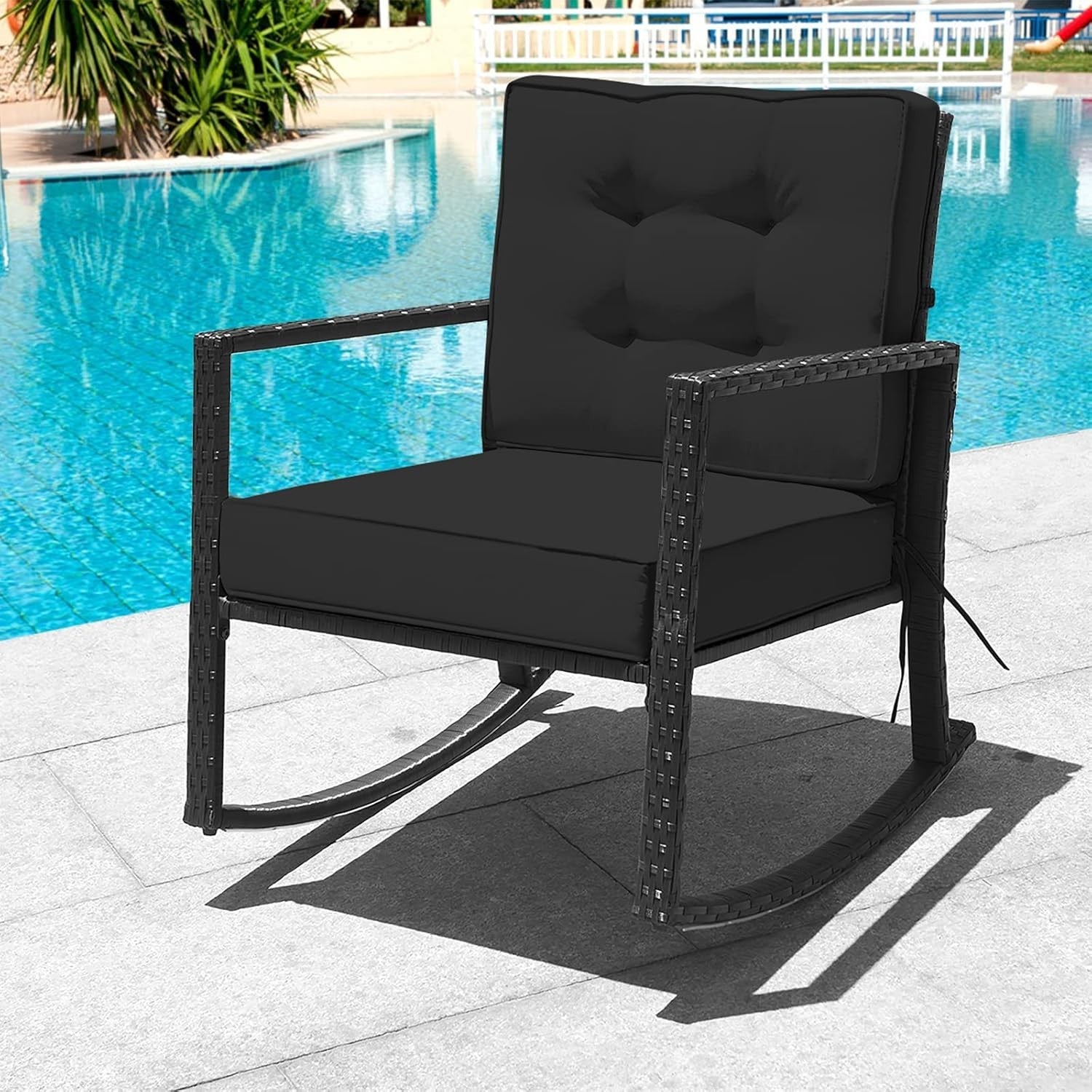 Outdoor Rattan Rocking Chair Black with Cushions, Armrests & Iron Frame