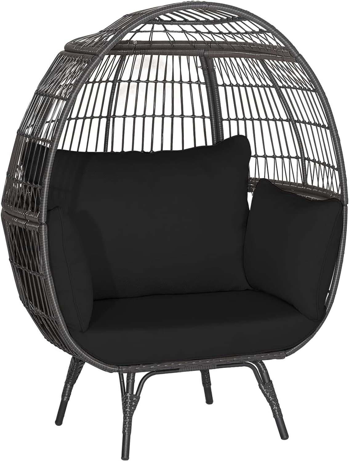 Black Two Seater Rattan Egg Chair Oversized Cushioned Freestanding Lounger
