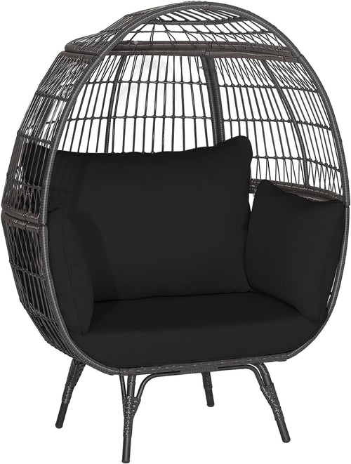 Black Two Seater Rattan Egg Chair Oversized Cushioned Freestanding Lounger