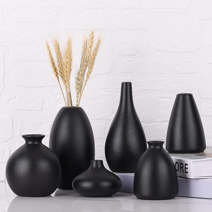 Black Ceramic Vase Set of 6 Matte Modern Bud Vases Home Decor Centerpiece