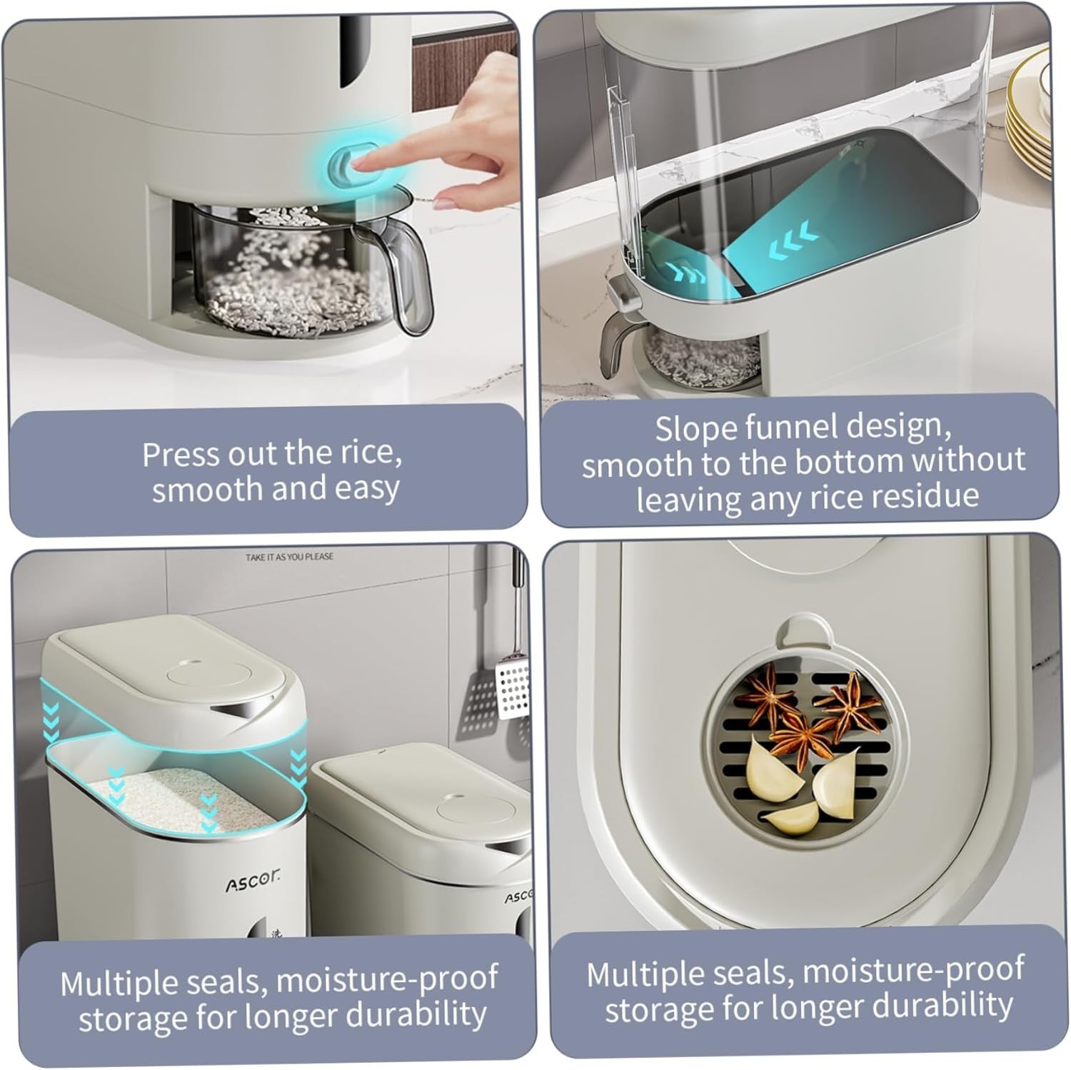 10KG Rice Dispenser with Time Scale Sealed Storage Container & Cup
