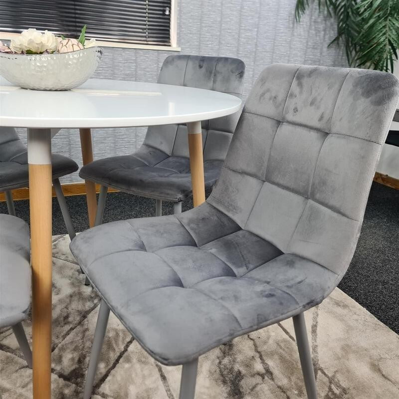 Round White Dining Table Set with 4 Grey Velvet Chairs – 4 Seater Kitchen