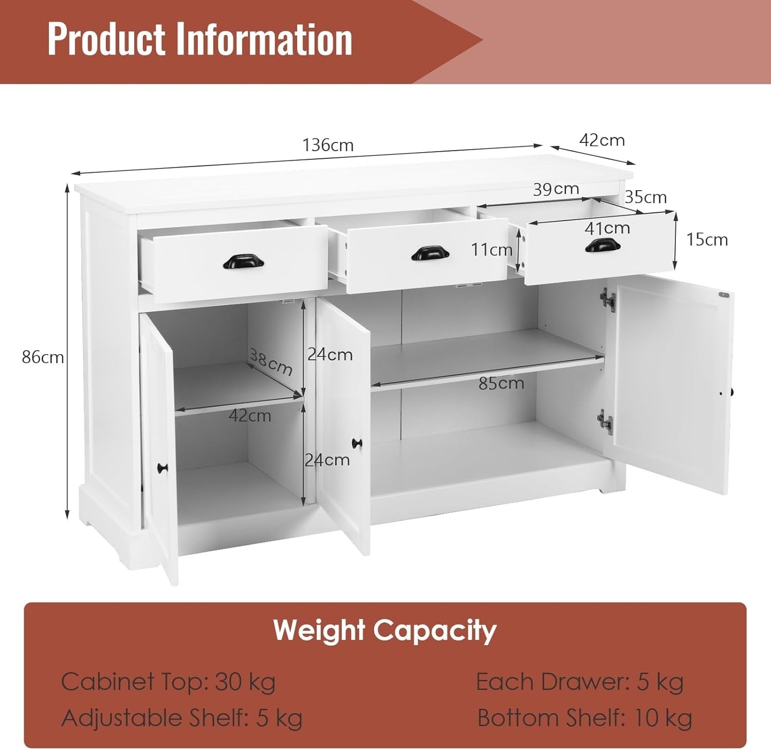 White Large Sideboard Buffet Cabinet with 3 Drawers & Adjustable Shelves