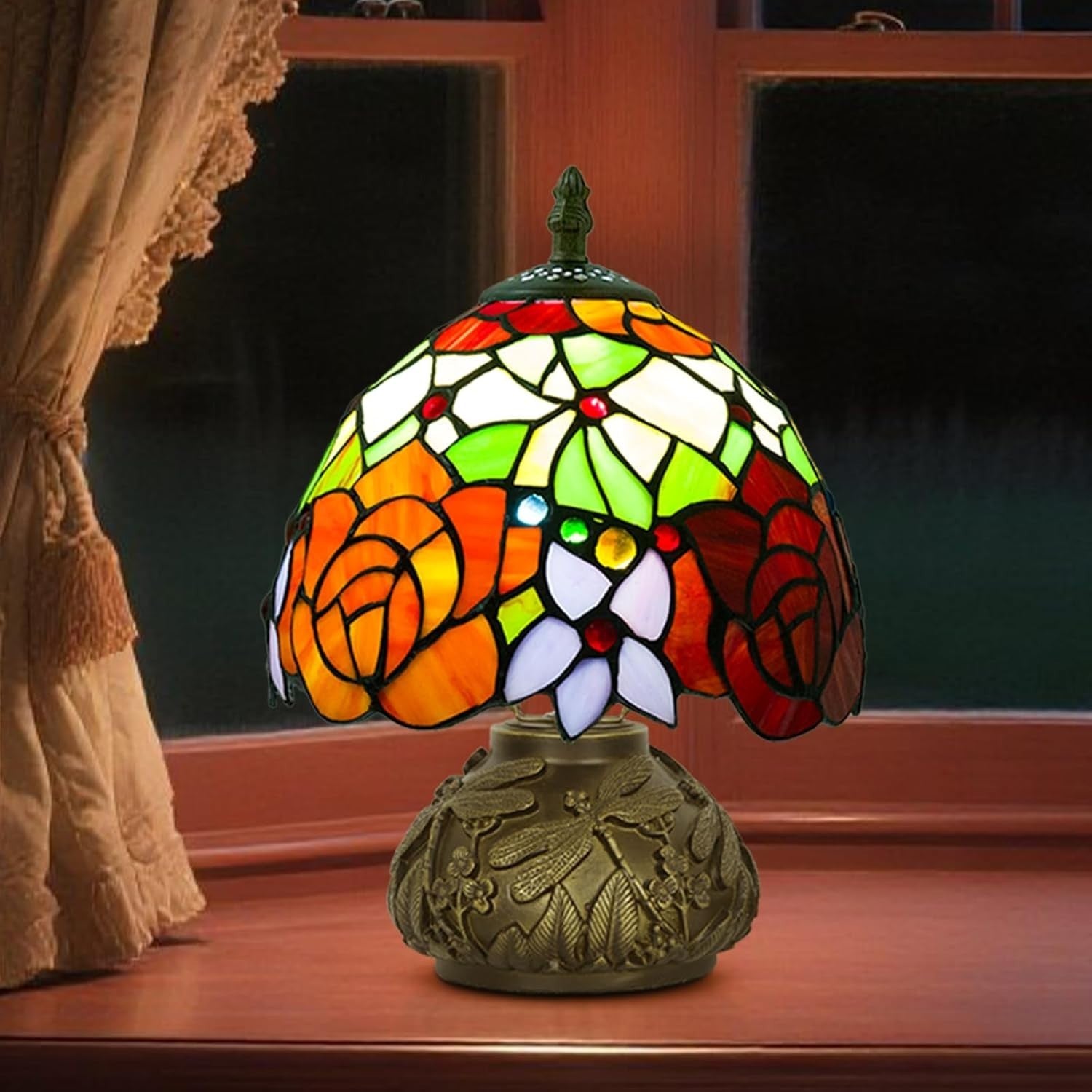 Small Stained Glass Desk Lamp 8x8x11in 3 Color Temps Dragonfly Resin Base