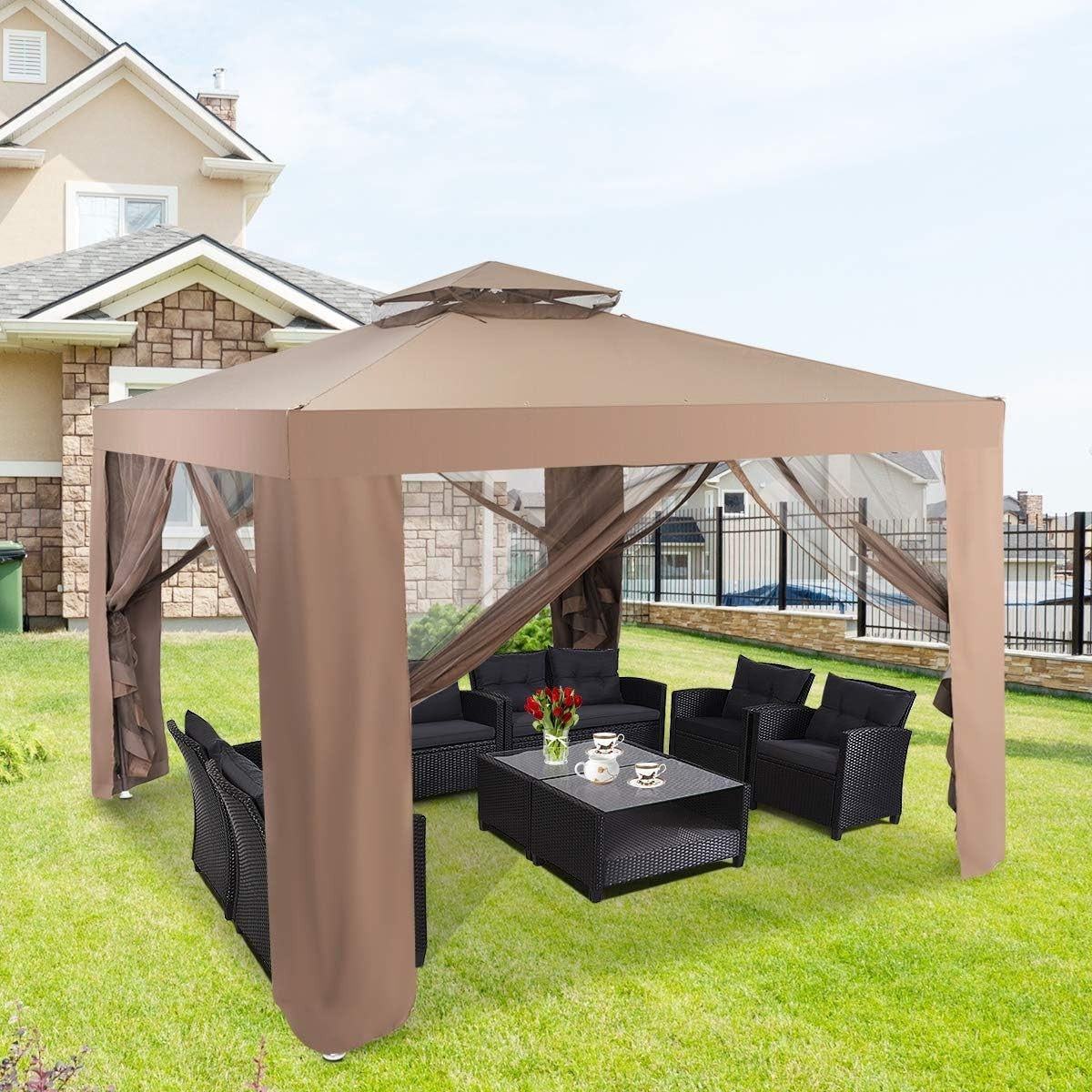3x3M Brown Outdoor Gazebo With Zipped Mesh Sidewalls Double Roof Patio Tent