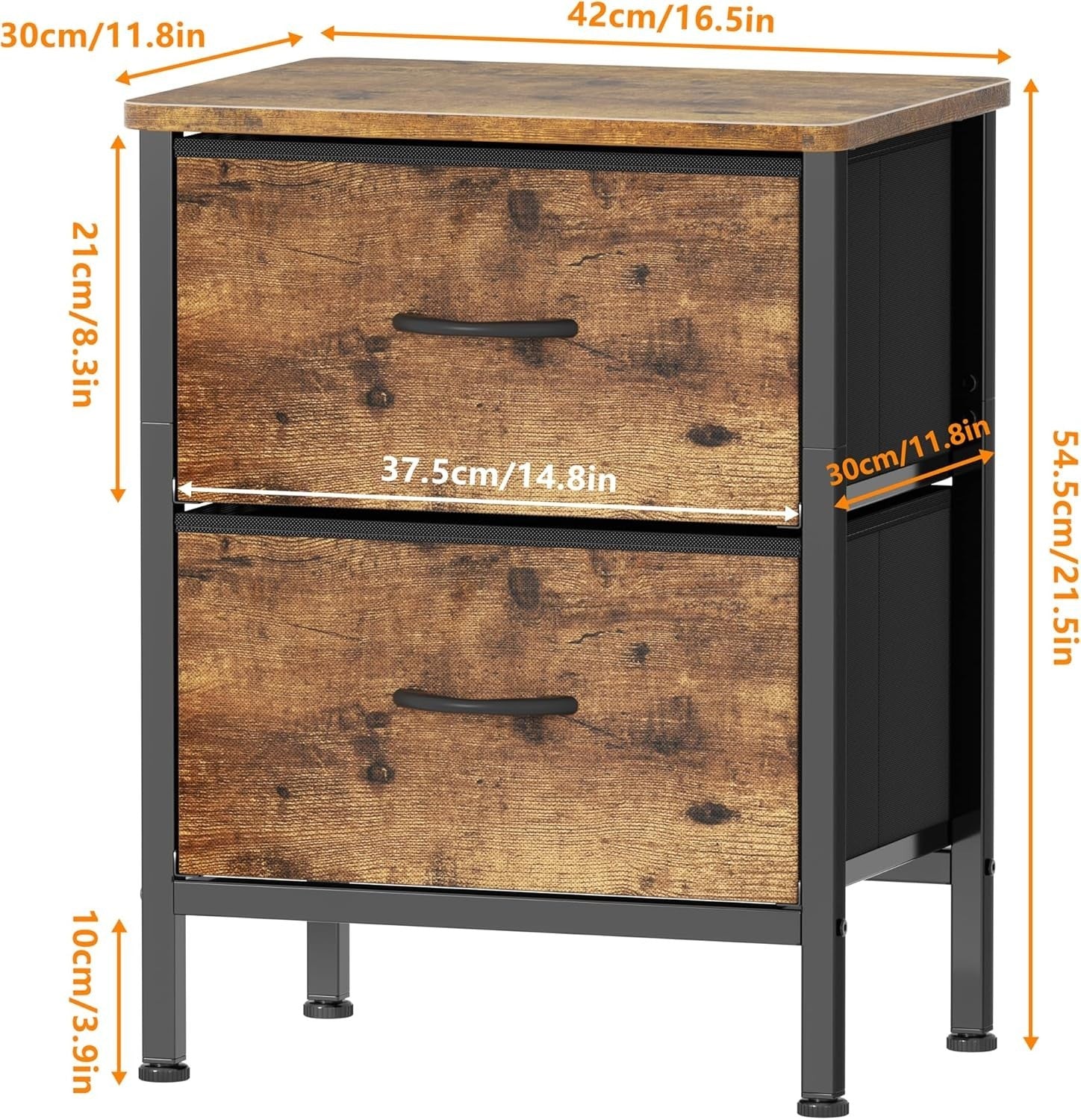 Set of 2 Rustic Brown Bedside Tables with Metal Frame & Fabric Drawers