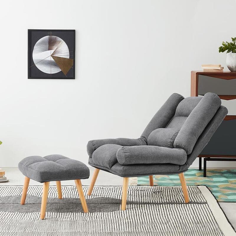 Push Back Recliner Armchair with Footstool Grey Lounge Chair for Living Room