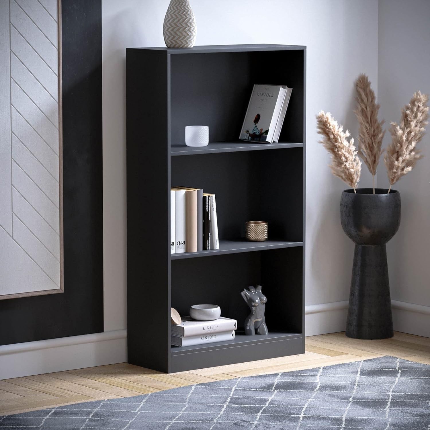 3 Tier Black Wooden Bookcase Modern Storage Display Shelf for Living Room Medium