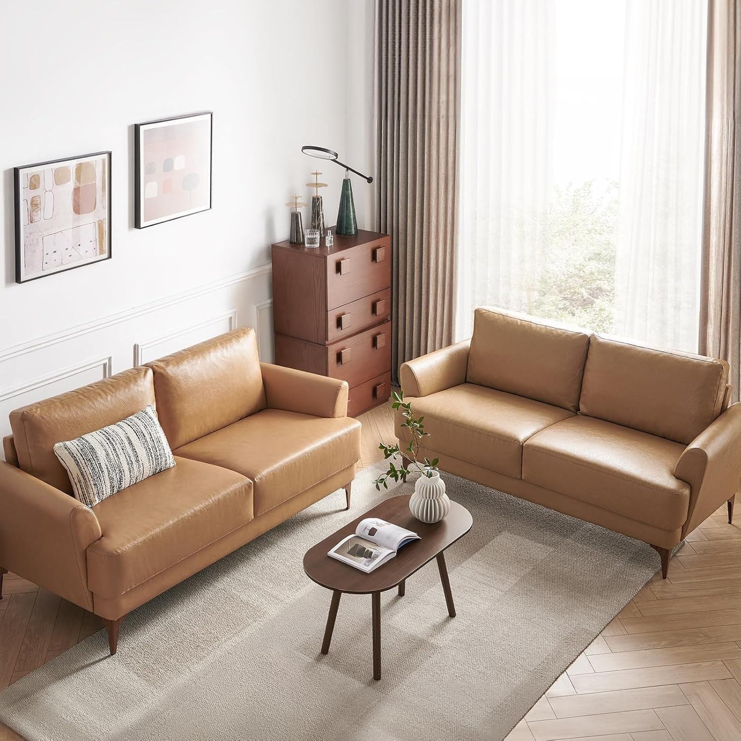Leather Loveseat Sofa 2-3 Seater Tan Faux Leather Modern Couch for Lounge Office