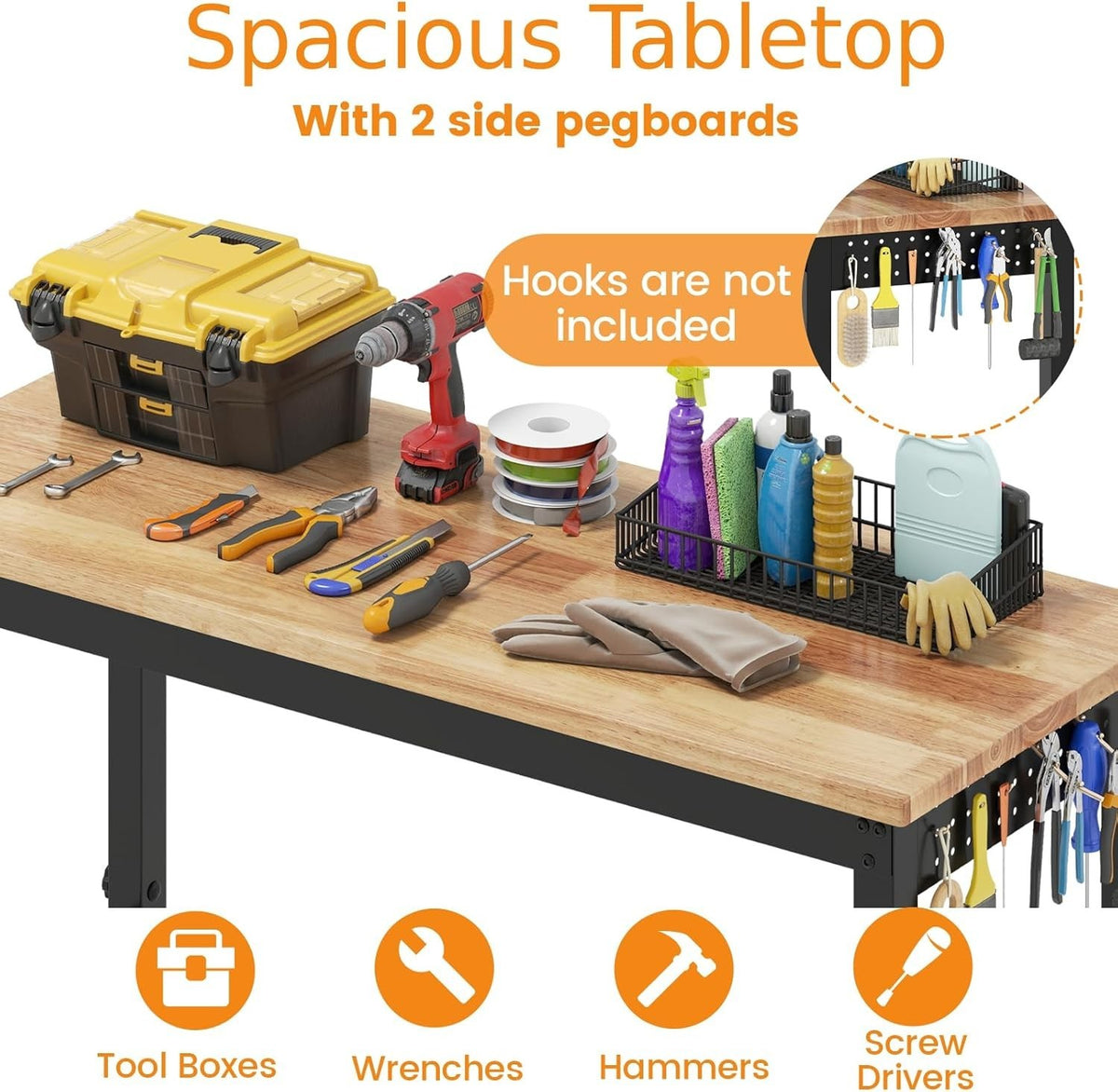 Adjustable Tabletop Workbench Height Adjustable Workbench 122x51cm Rolling Table 4-Level Rubberwood ...