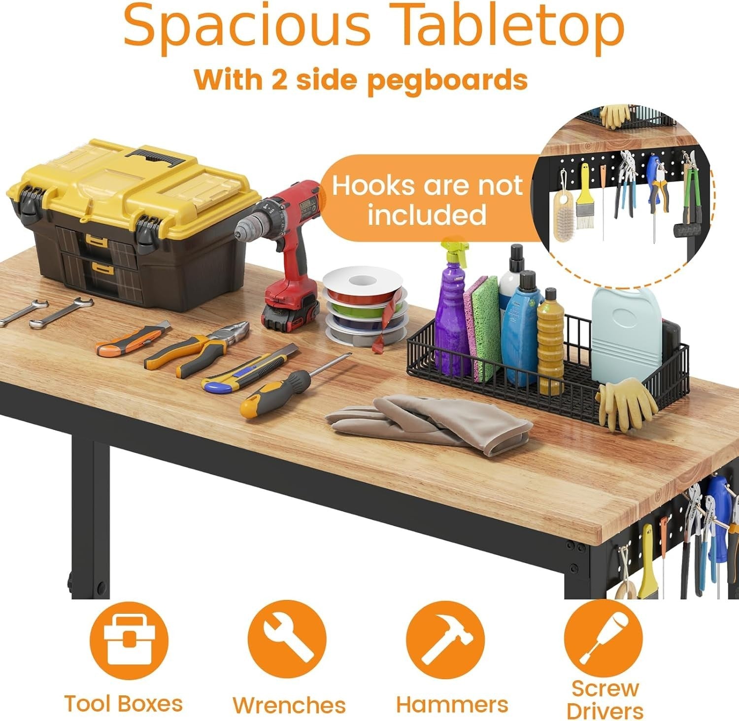Height Adjustable Workbench 122x51cm Rolling Table 4-Level Rubberwood Top