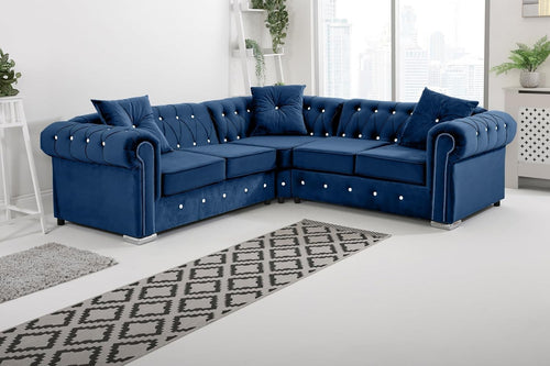 Blue Plush Velvet Chesterfield Corner Sofa – Diamond Detail, Foam Cushions