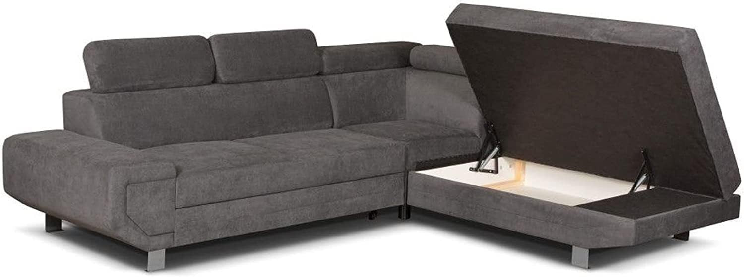 Grey L-Shape Corner Sofa Bed with Storage Right Arm Metal Frame