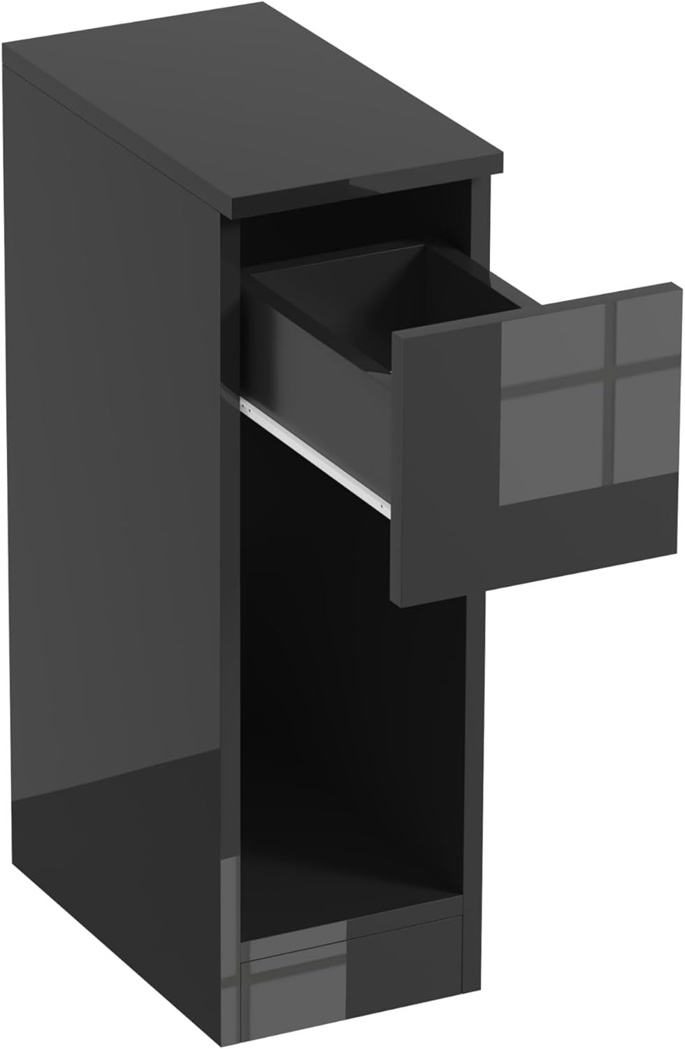 High Gloss Black Slim Bedside Table with Drawer & Shelf – Modern Narrow Nightsta