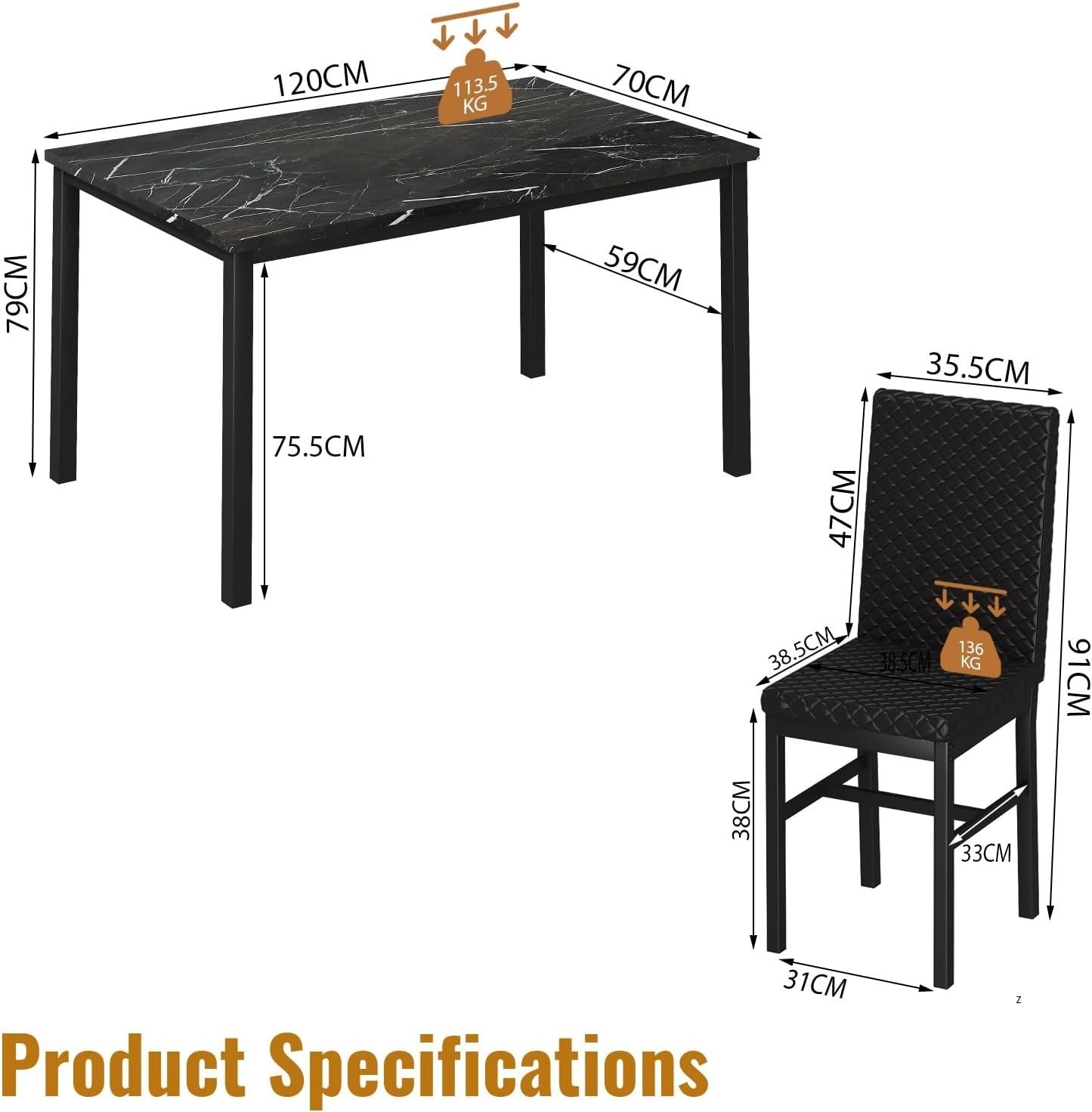 5-Piece Dining Table & 4 Chairs, Faux Marble Top, Modern Kitchen Set, Black