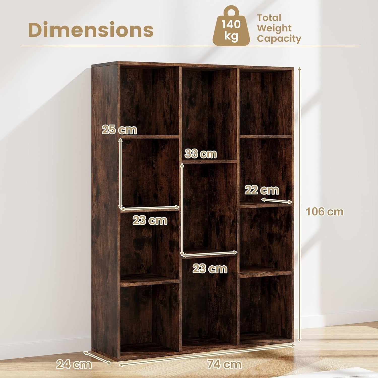 Rustic Brown 11-Cube Bookcase with Shelves & Anti-Tip Safety for Home Office