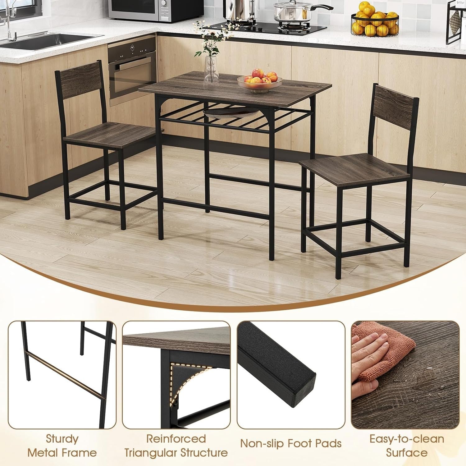 Dining Table Set Grey Storage Rack & 2 Stools, Compact Space Saving Kitchen Set